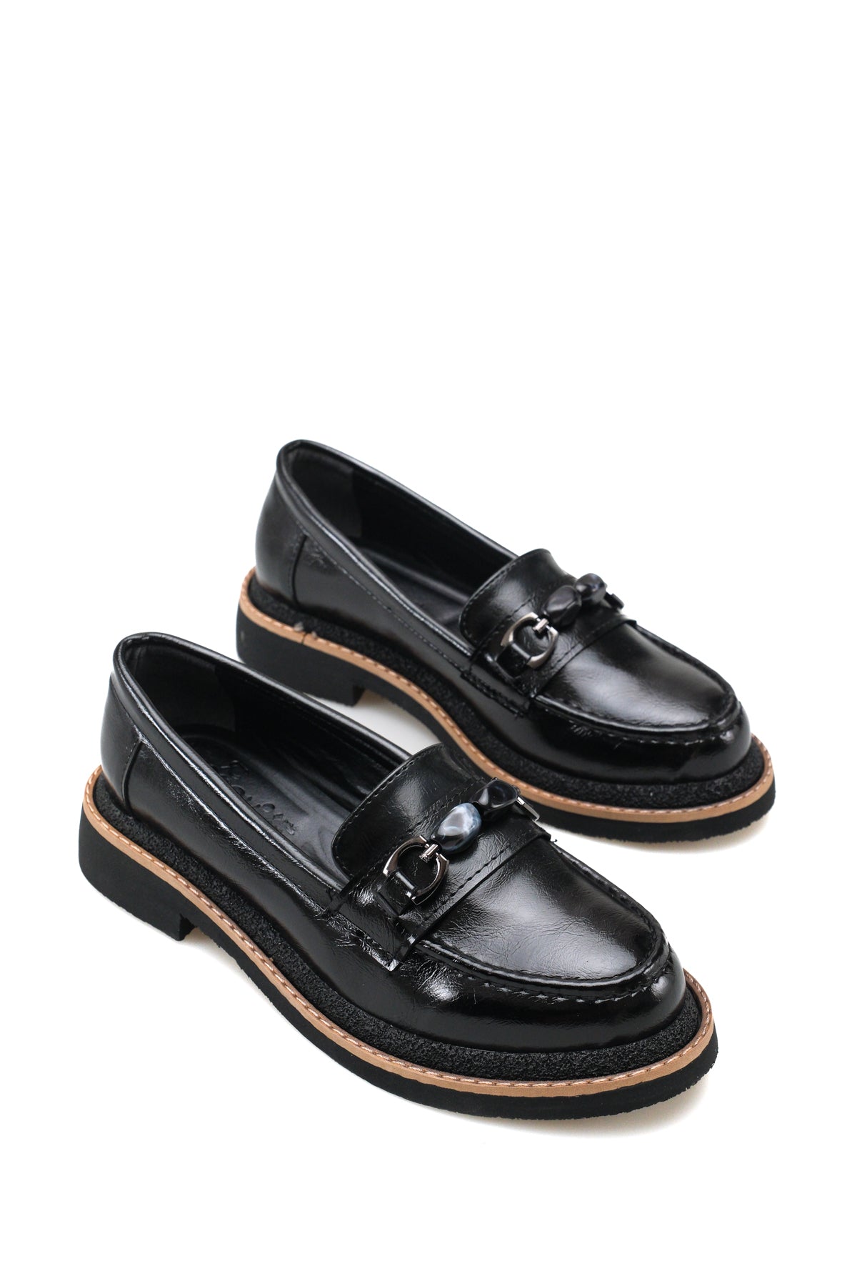 Riccon Lyra Viven Kadın Loafer 0012505 Siyah Kırışık Rugan