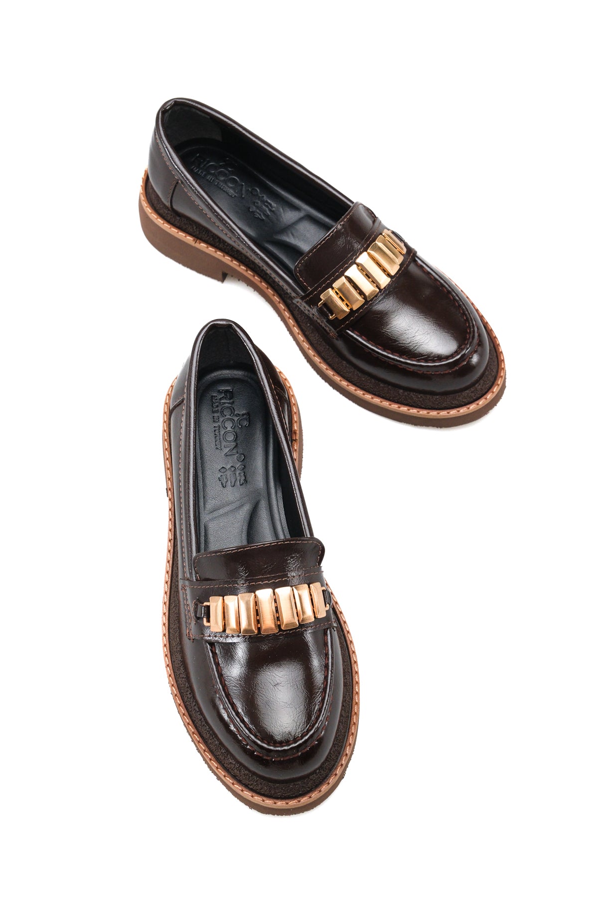 Riccon Mira Gala Kadın Loafer 0012507 Kahverengi Kırışık Rugan