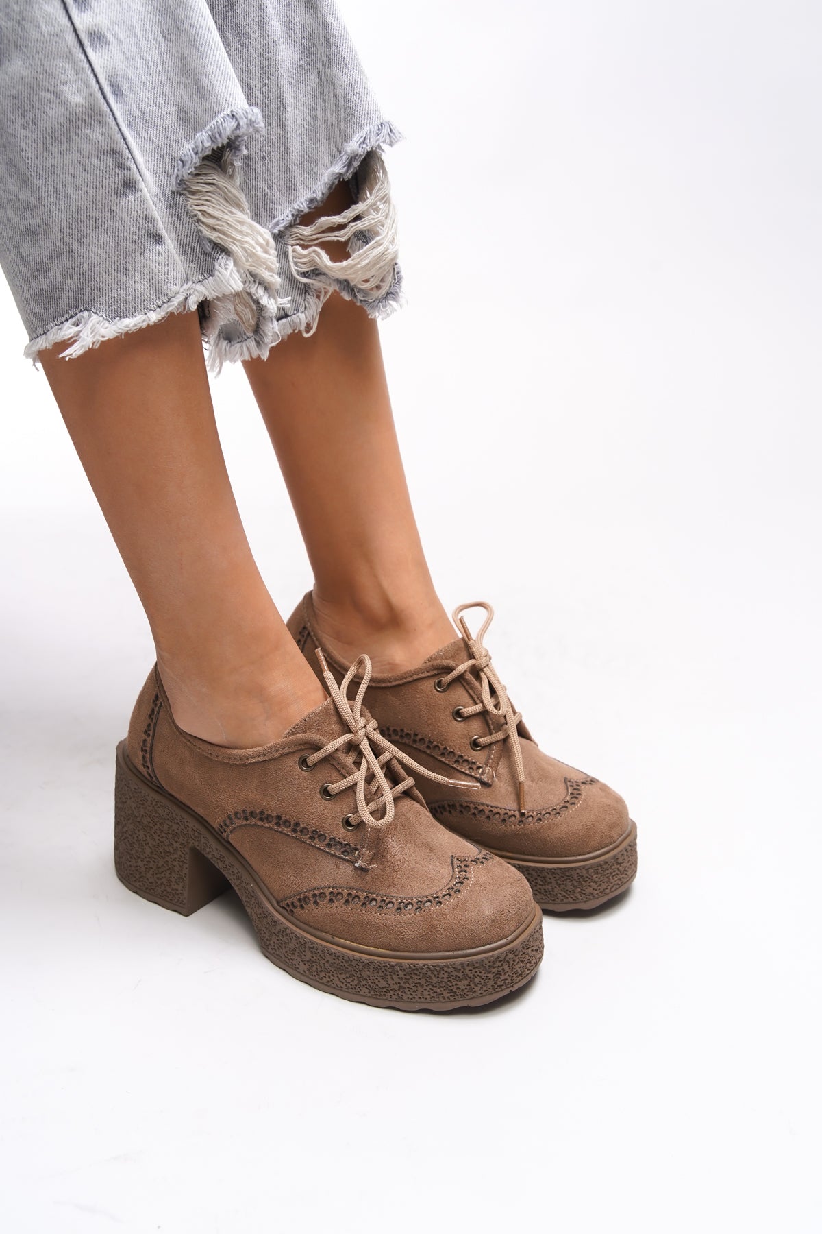 Riccon Ghinziss Kadın Topuklu Bağcıklı Loafer 00121570 Vizon Süet