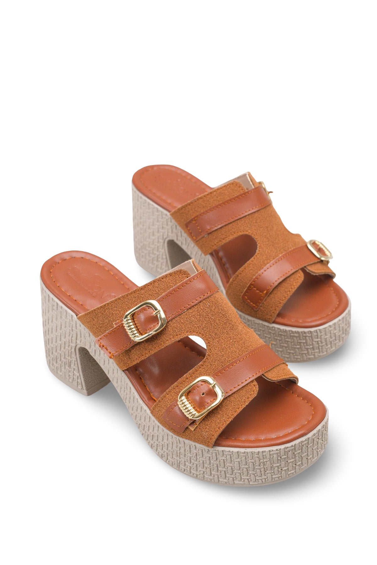 Riccon Kadın Topuklu Terlik 0012703 Taba Deri Dokulu