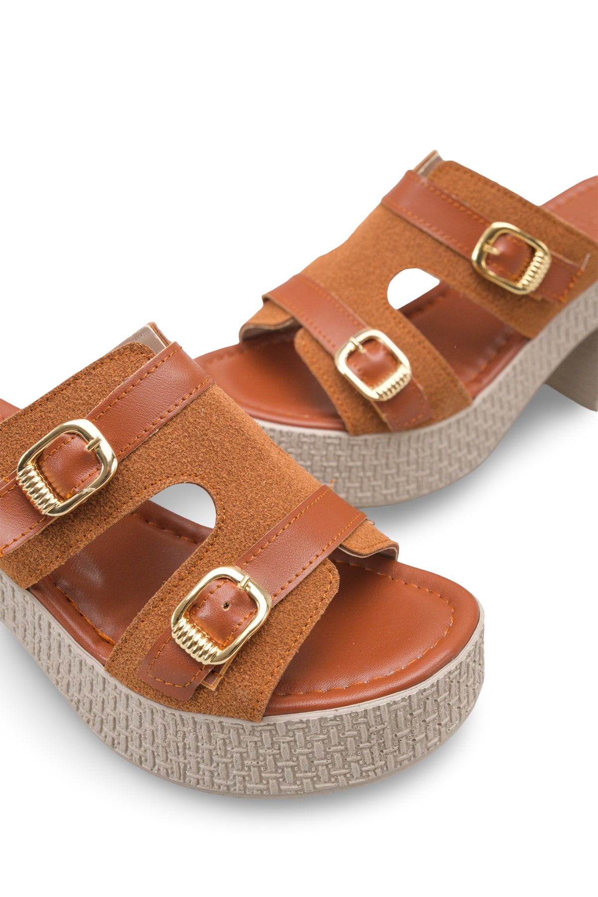 Riccon Kadın Topuklu Terlik 0012703 Taba Deri Dokulu