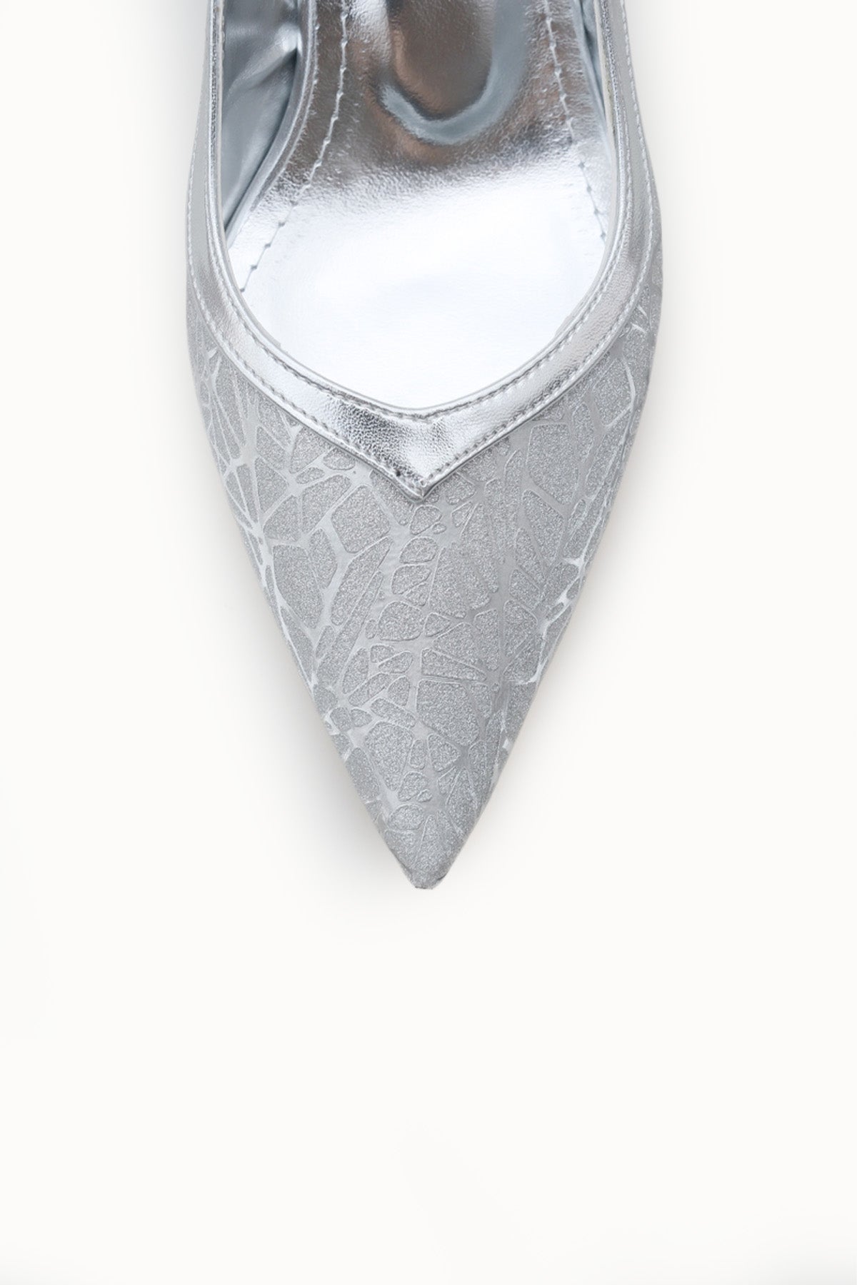 Riccon Kadın Sivri Burunlu Arkası Açık İnce Topuklu Ayakkabı 0012207 Gümüş Dokulu