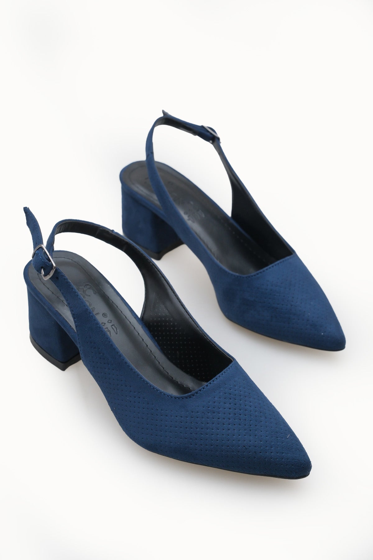 Riccon Kadın Sivri Burunlu Arkası Açık Topuklu Ayakkabı 0012451 Lacivert Süet
