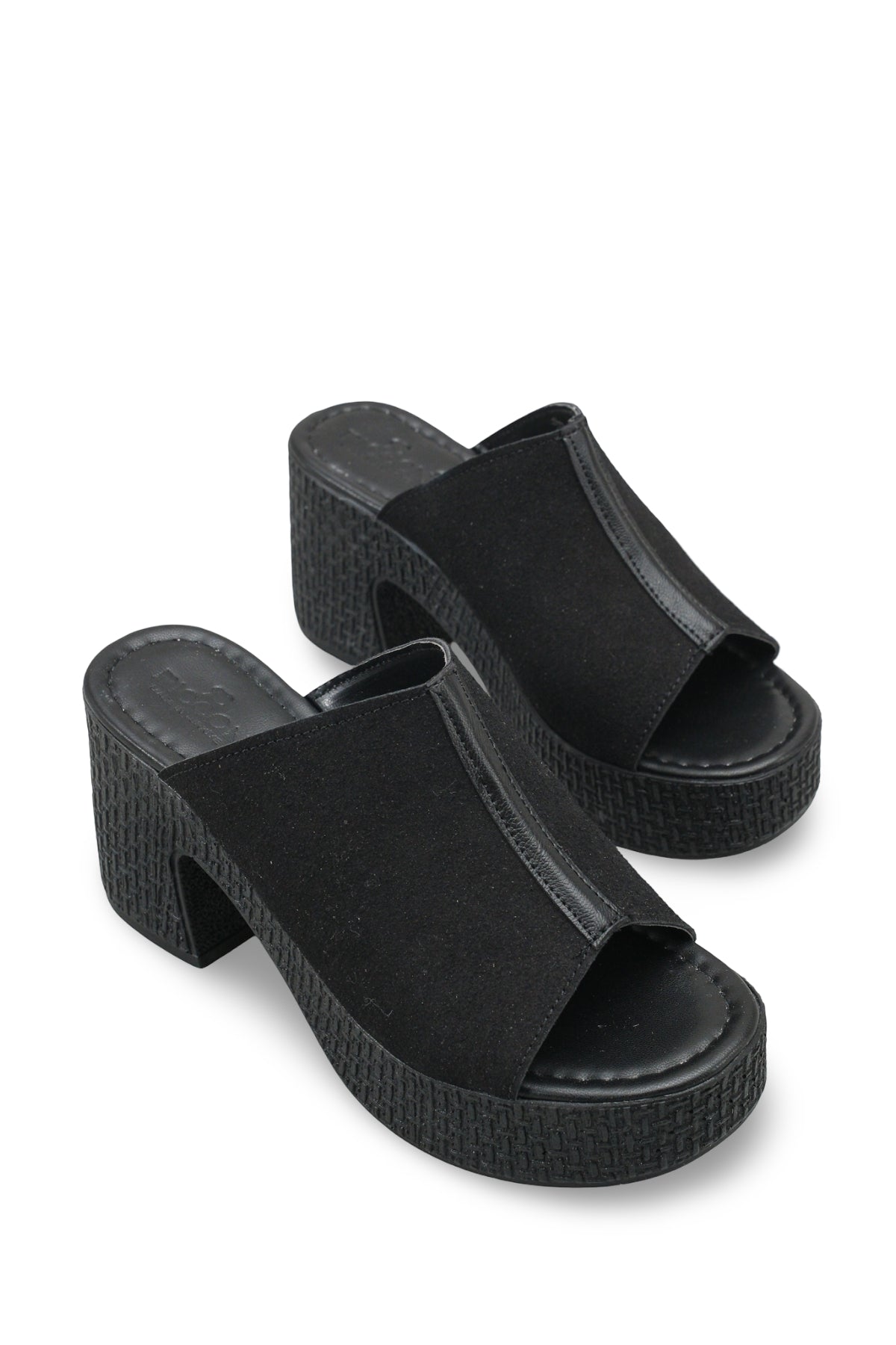 Riccon Kadın Topuklu Terlik 0012702 Siyah Deri Dokulu