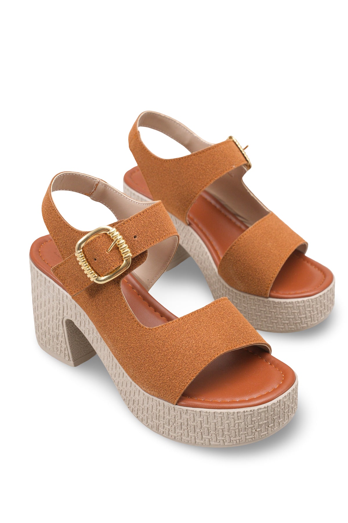 Riccon Kadın Topuklu Sandalet 0012704 Taba Deri Dokulu