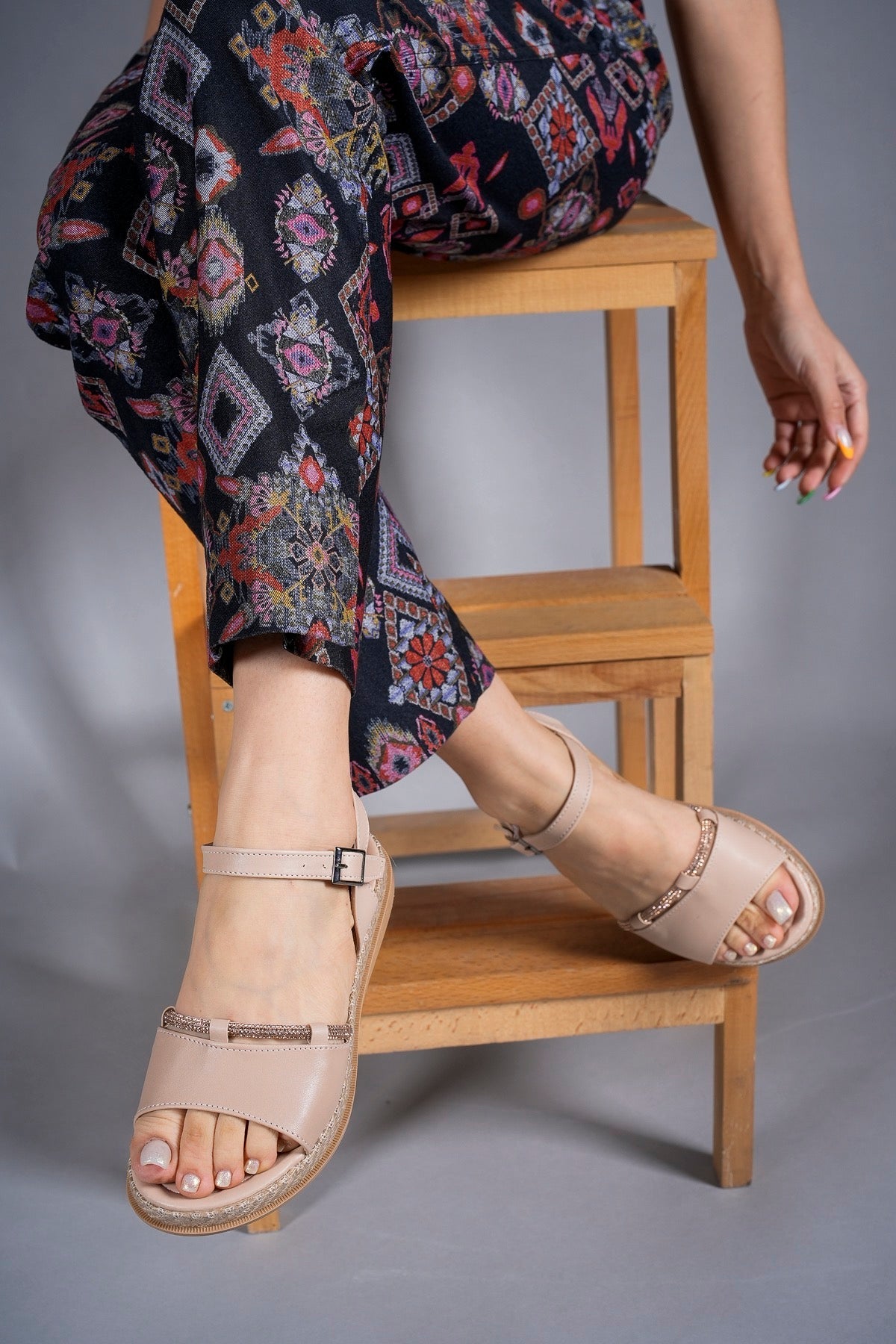 Riccon Kadın Sandalet Taşlı 0012057 Nude Cilt - Riccon