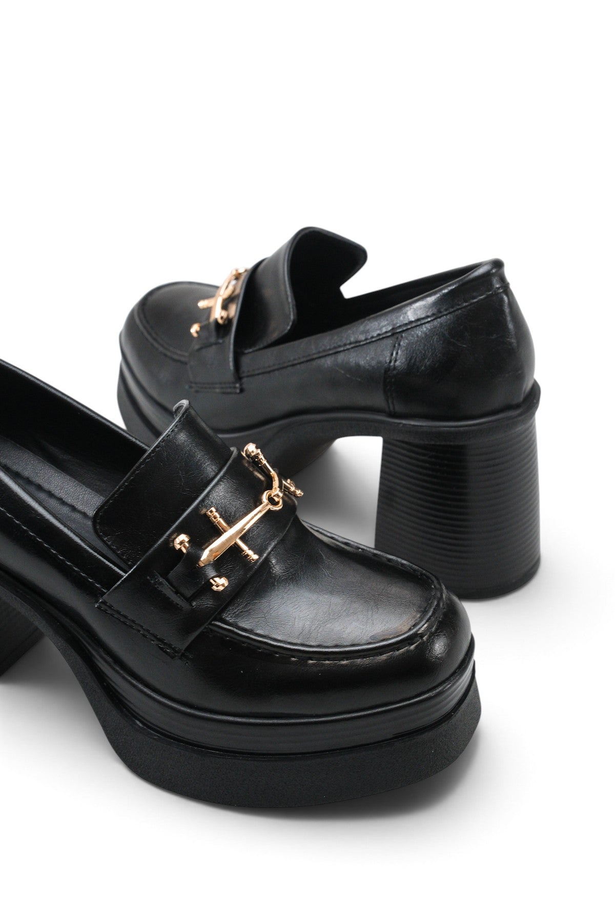 Riccon Leda Amara Kadın Topuklu Loafer 0012591 Siyah Rustik