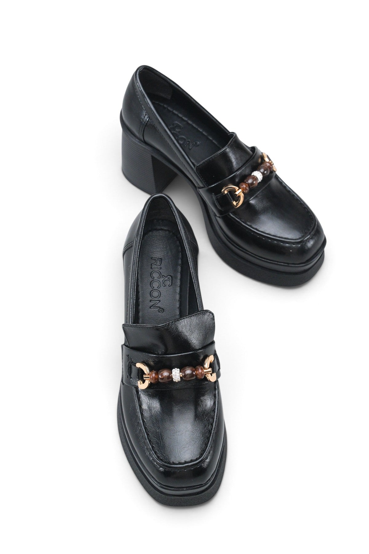 Riccon Vesper Luce Kadın Topuklu Loafer 0012593 Siyah Rustik