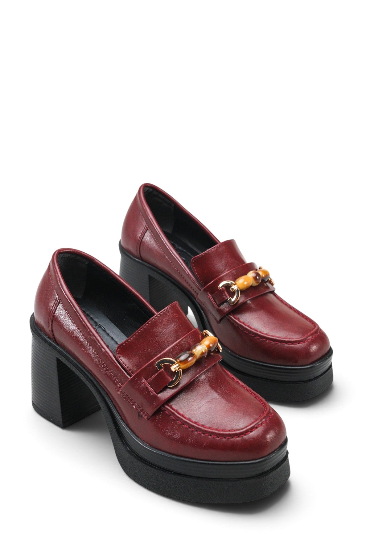 Riccon Vesper Luce Kadın Topuklu Loafer 0012593 Vişne Rustik
