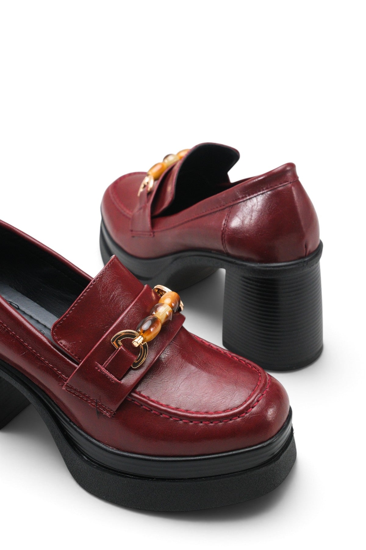 Riccon Vesper Luce Kadın Topuklu Loafer 0012593 Vişne Rustik