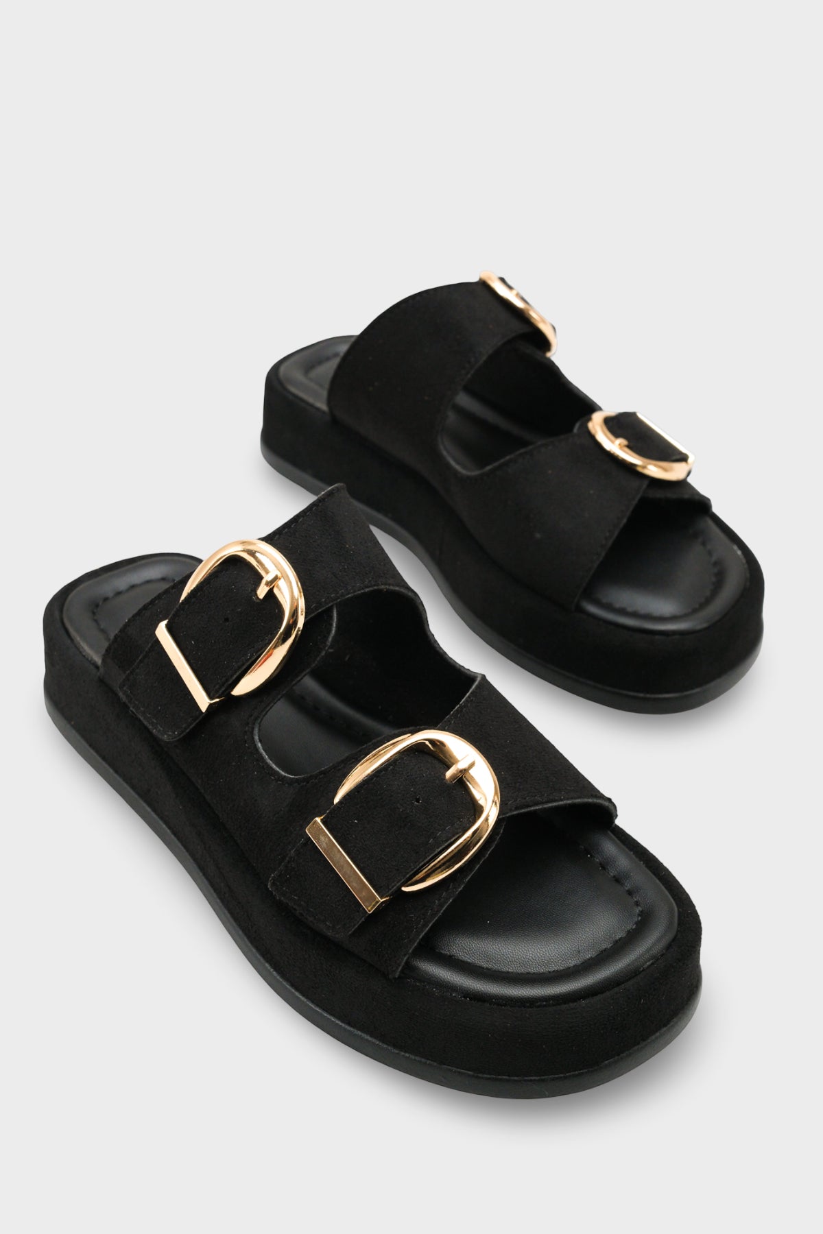 Riccon Kadın Çift Tokalı Terlik 0012683 Siyah Süet