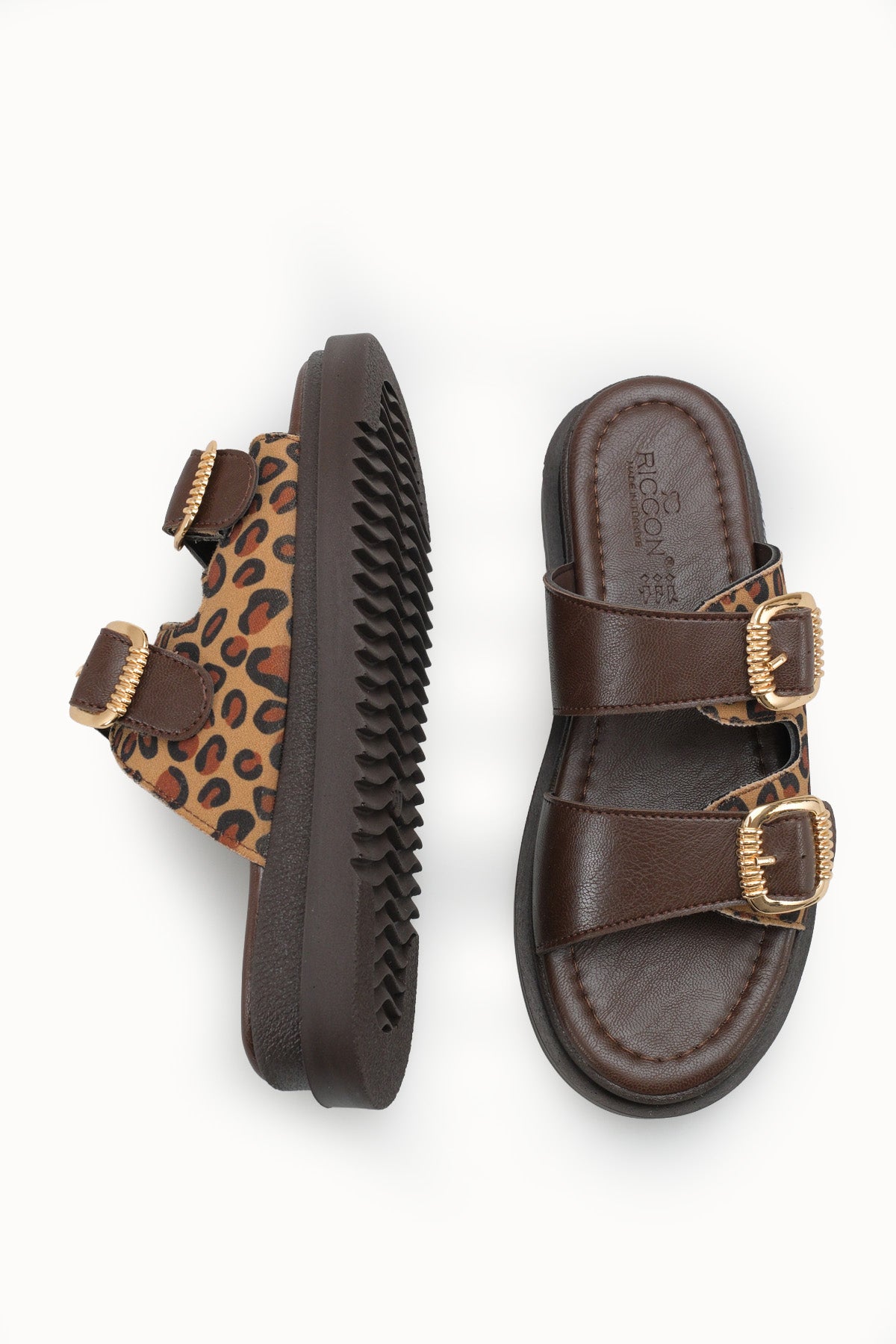 Riccon Kadın Çift Tokalı Terlik 00120403 Kahverengi Leopar