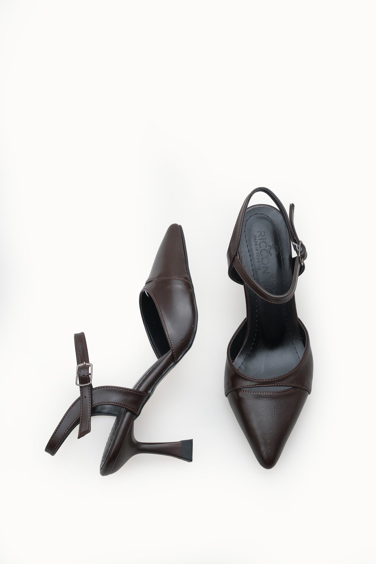 Riccon Kadın Sivri Burunlu Arkası Açık İnce Topuklu Ayakkabı 0012727 Kahverengi Cilt