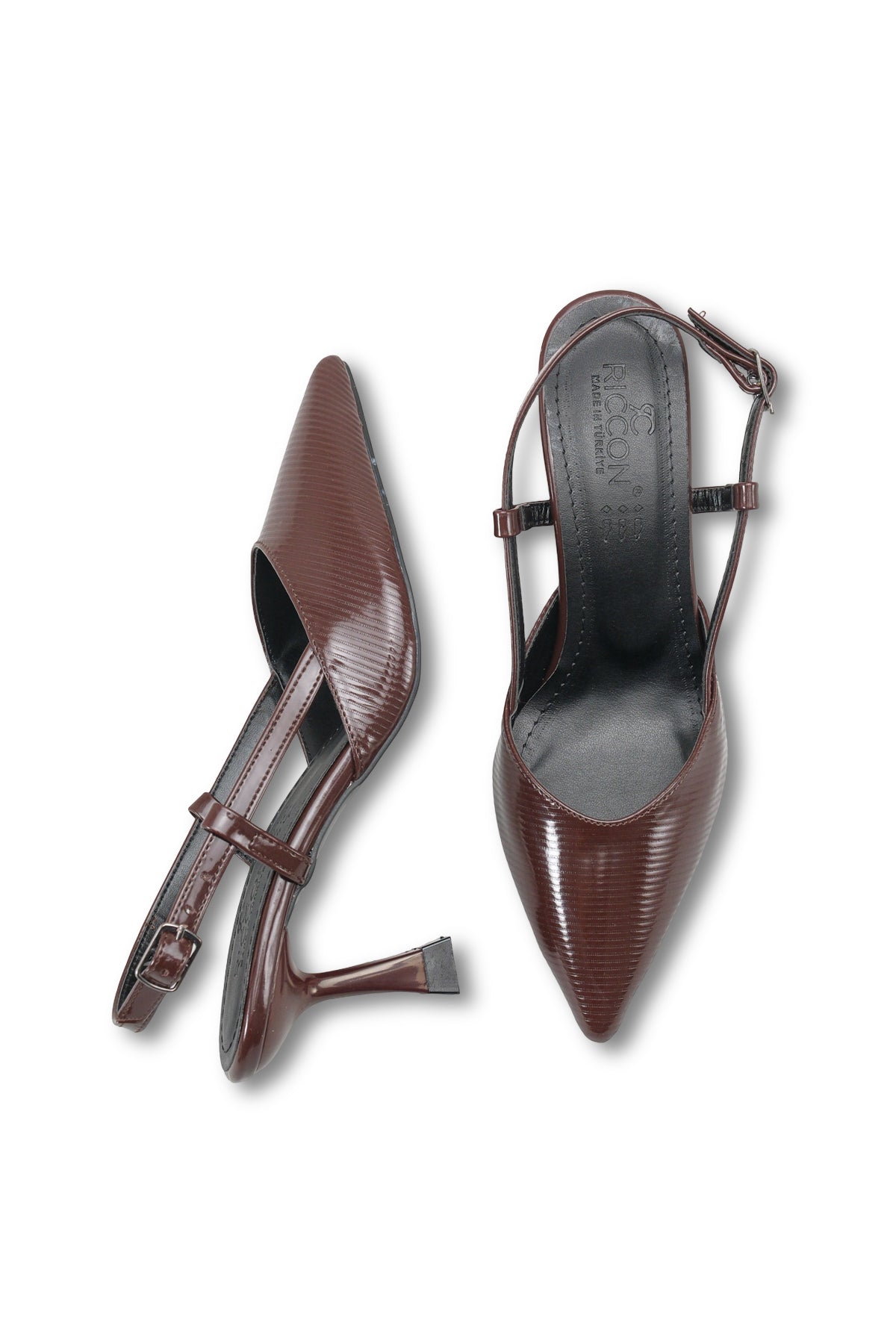 Riccon Elyerue Kadın Arkası Açık Sivri Burun Stiletto 0012725 Kahverengi Rugan Çizgili