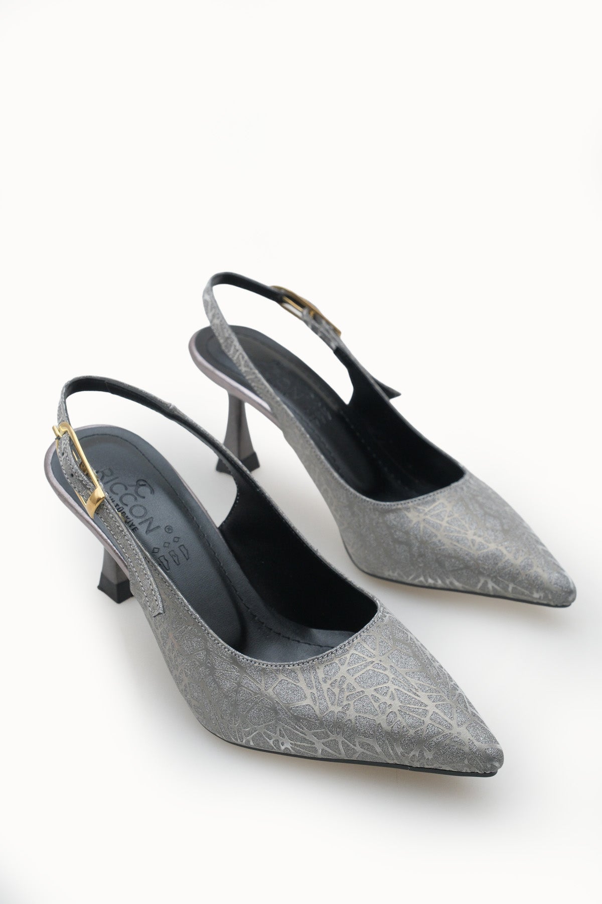 Riccon Ysalaela Kadın Arkası Açık Sivri Burun Stiletto 0012700 Platin Dokulu