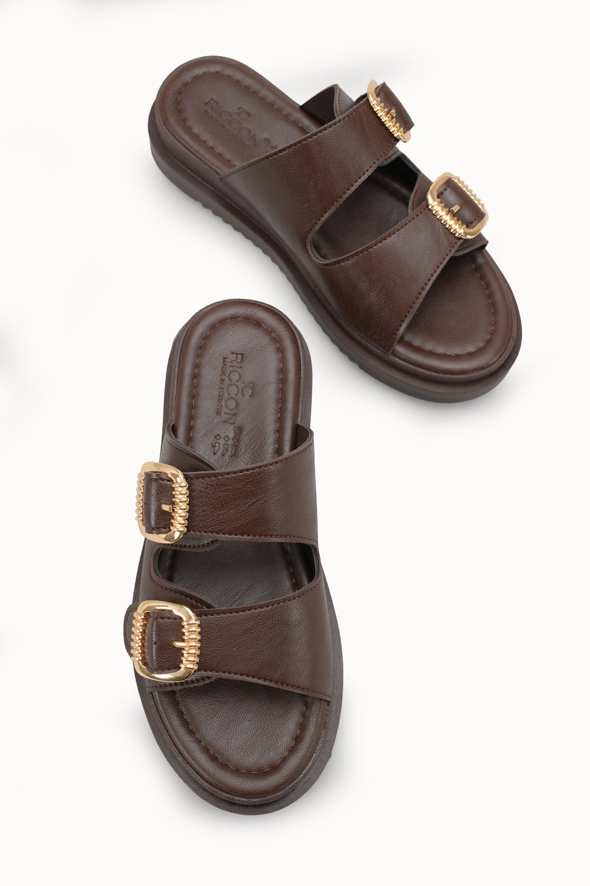 Riccon Kadın Çift Tokalı Terlik 00120403 Kahverengi