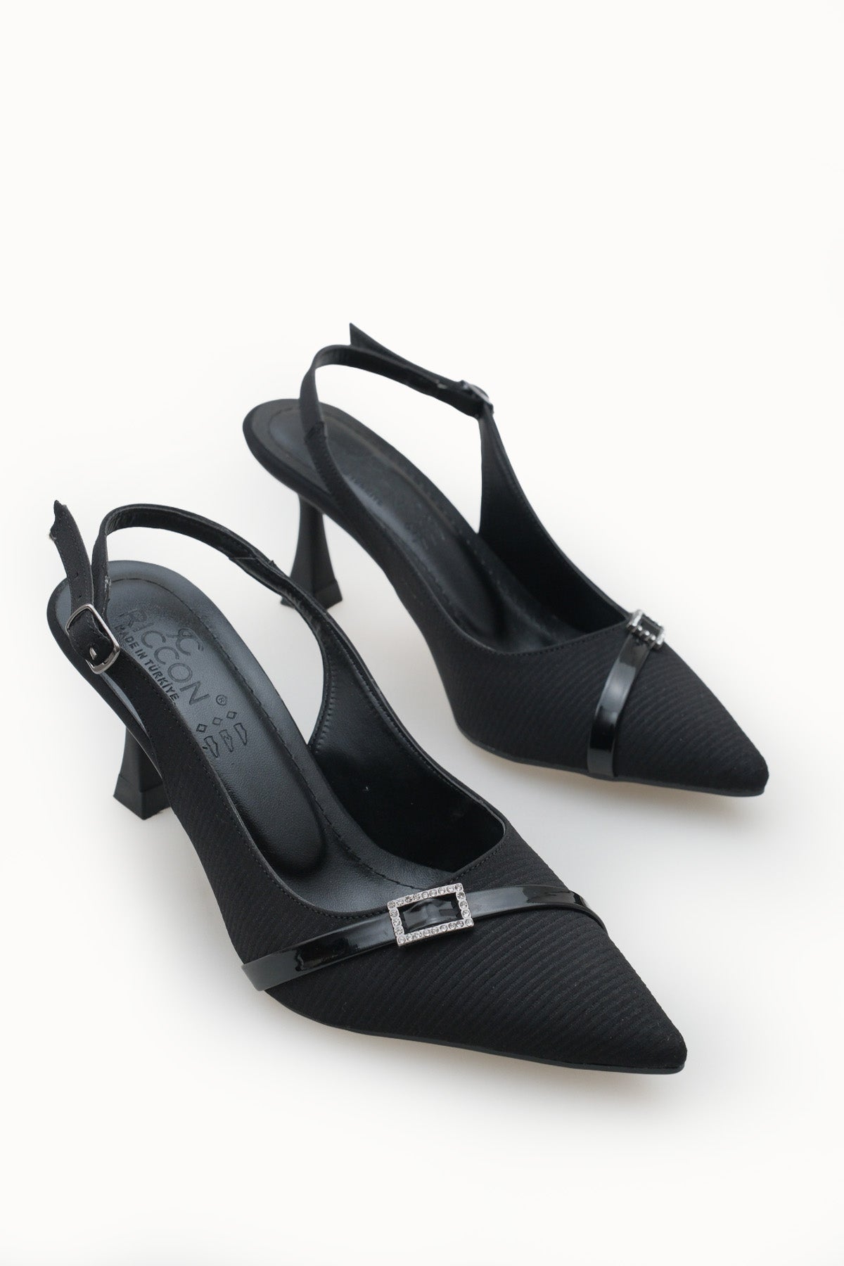 Riccon Kadın Sivri Burunlu Arkası Açık İnce Topuklu Ayakkabı 0012712 Mat Siyah Çizgili