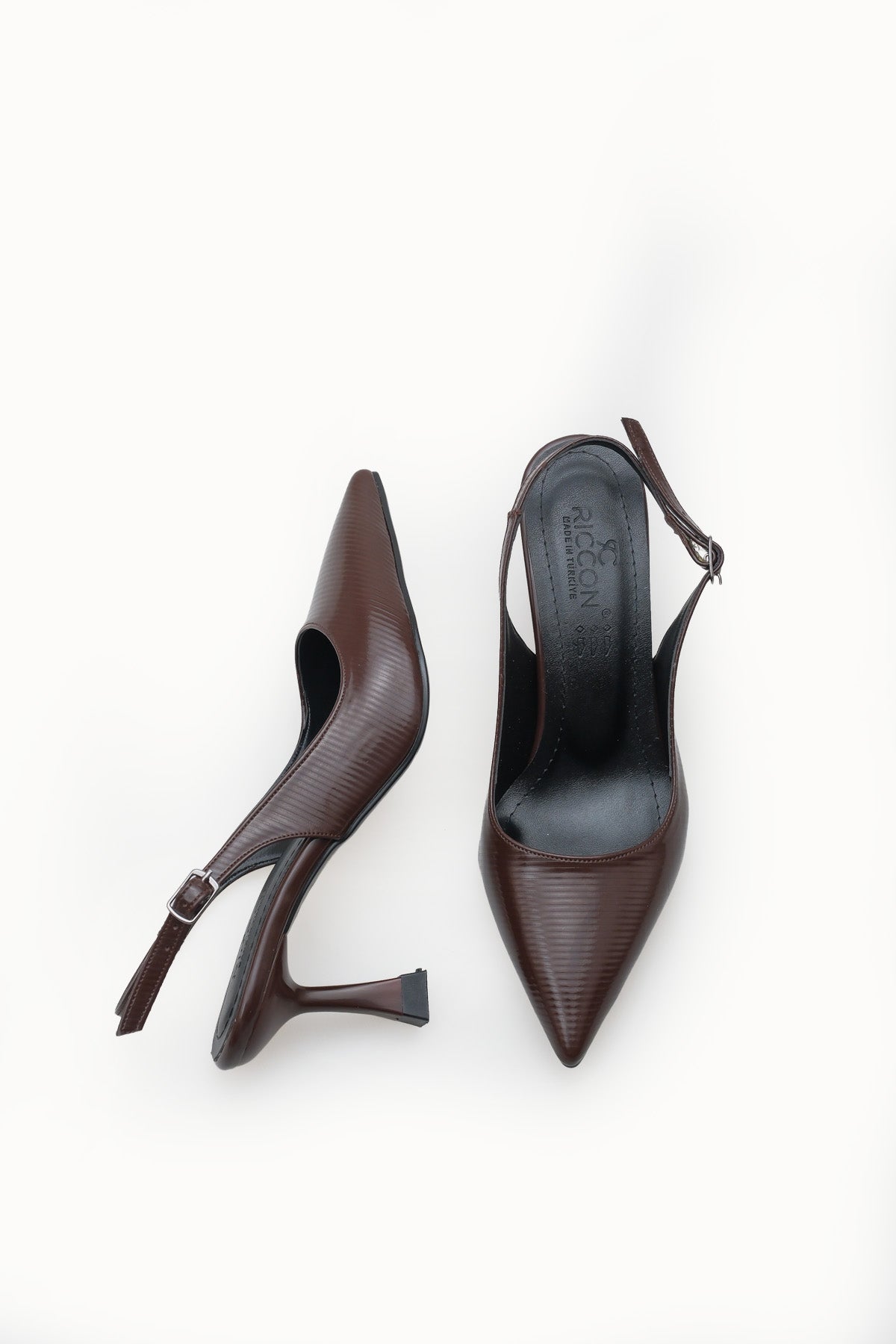 Riccon Kadın Sivri Burunlu Arkası Açık İnce Topuklu Ayakkabı 0012720 Kahverengi Rugan