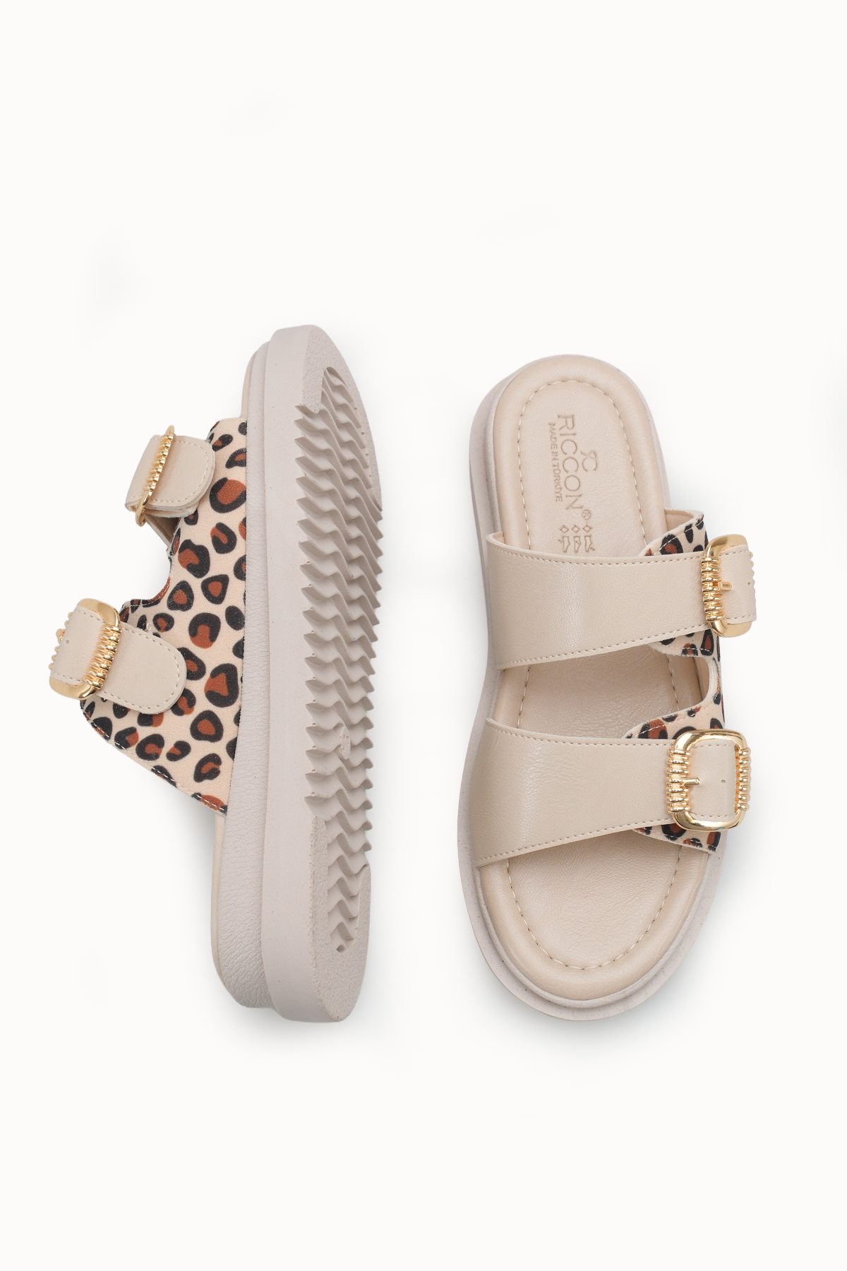 Riccon Kadın Çift Tokalı Terlik 00120403 Bej Leopar