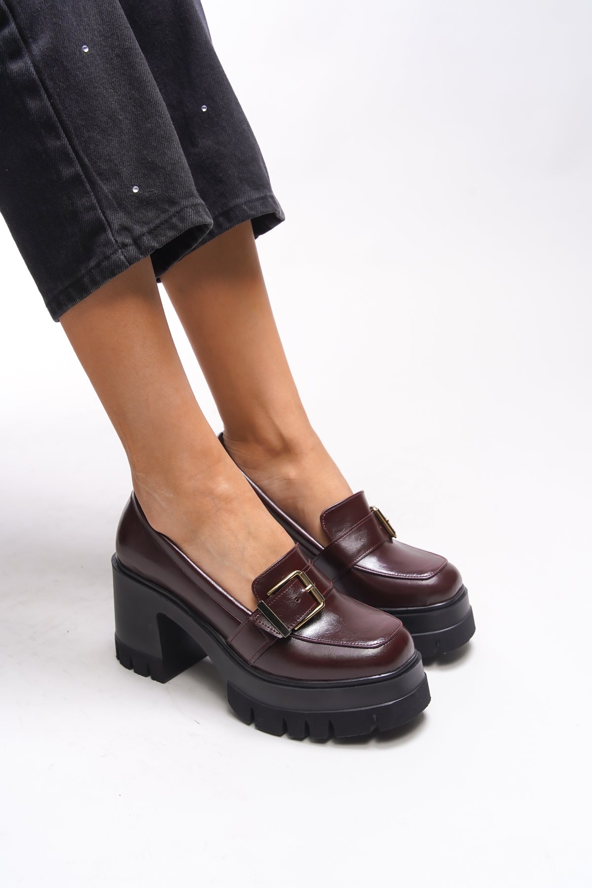Riccon Taryndilwen Kadın Tokalı Topuklu Loafer 00121009 Bordo Kırışık Rugan