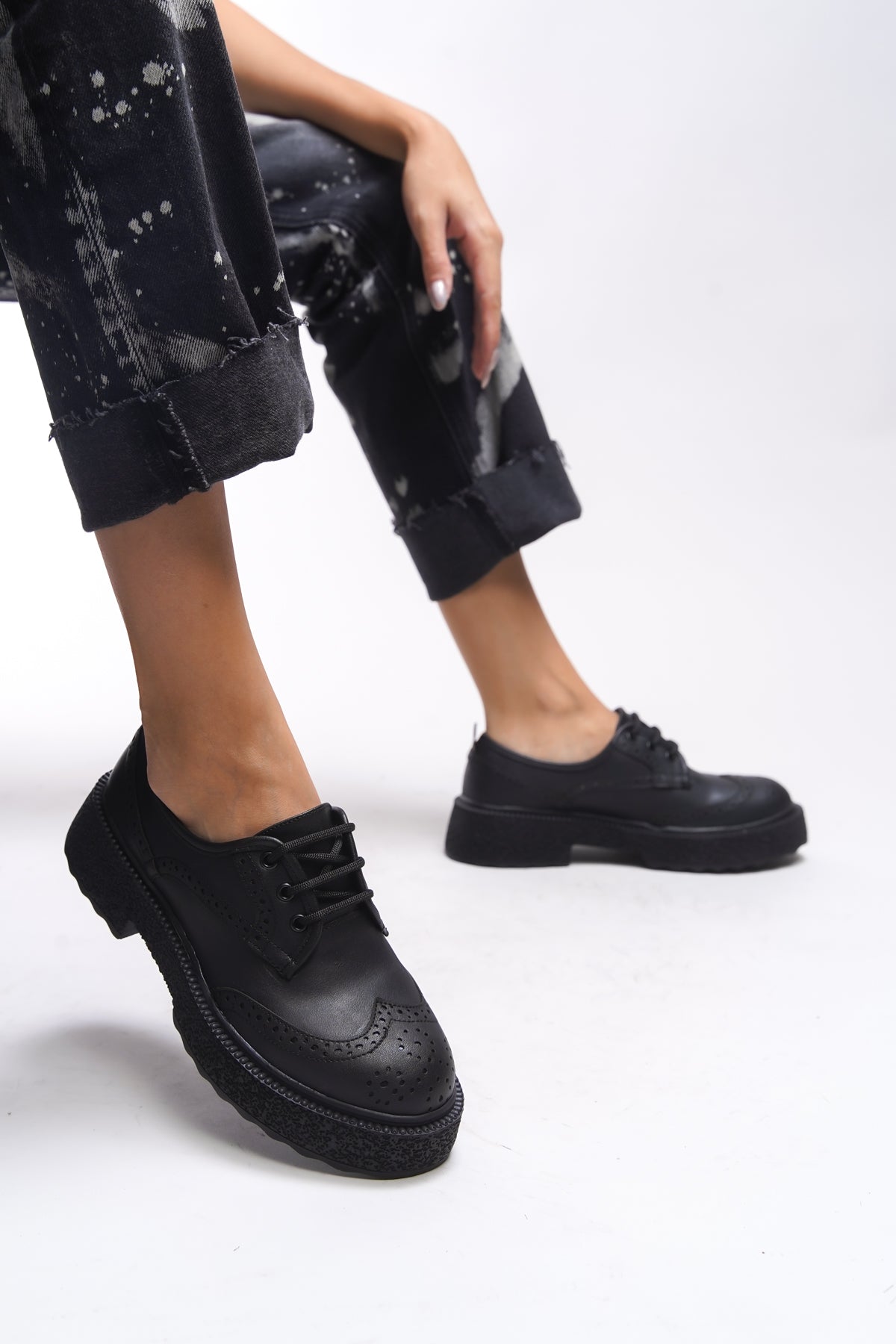 Riccon Oknyrth Kadın Bağcıklı Loafer 00121990 Siyah Cilt