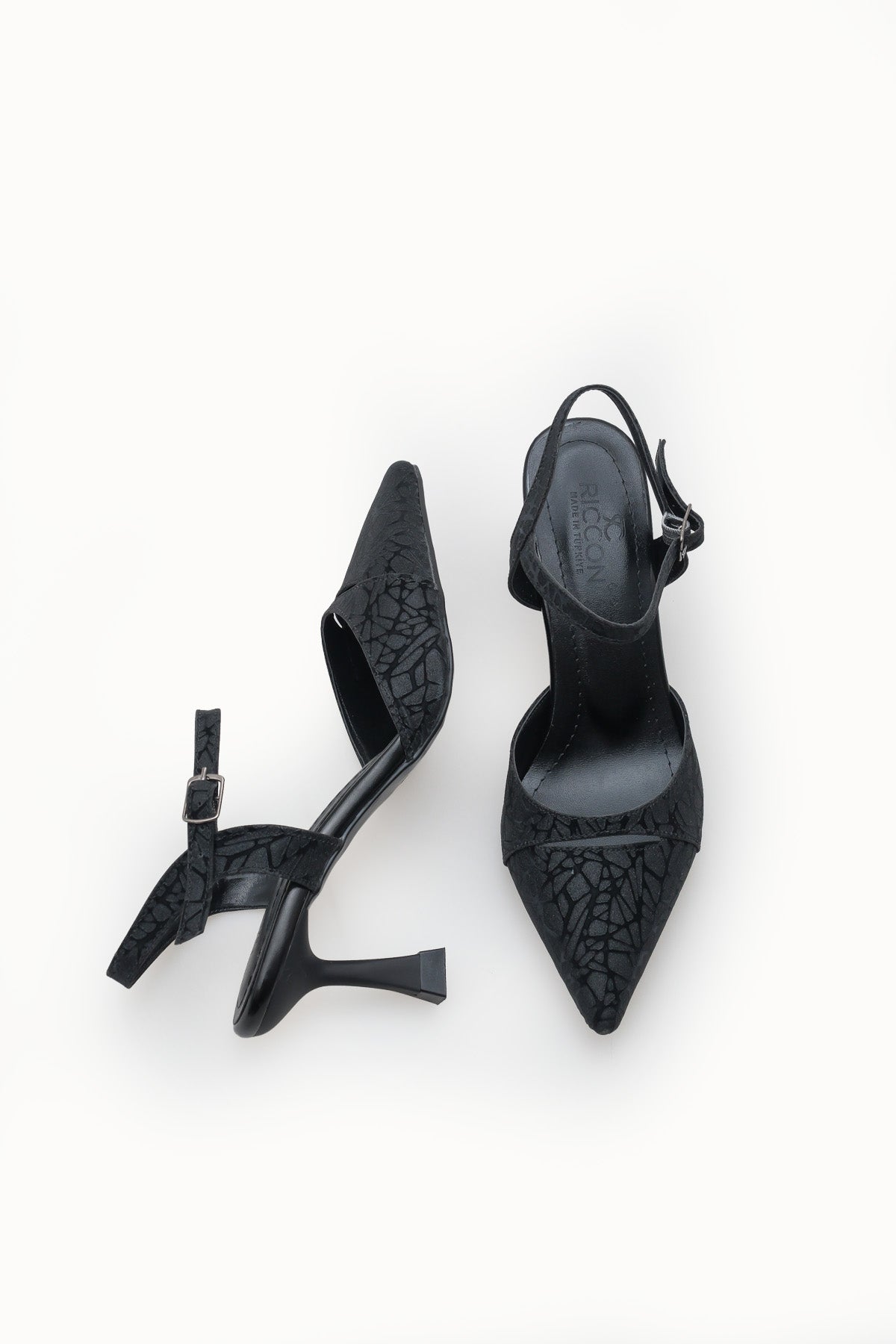 Riccon Kadın Sivri Burunlu Arkası Açık İnce Topuklu Ayakkabı 0012727 Siyah Dokulu