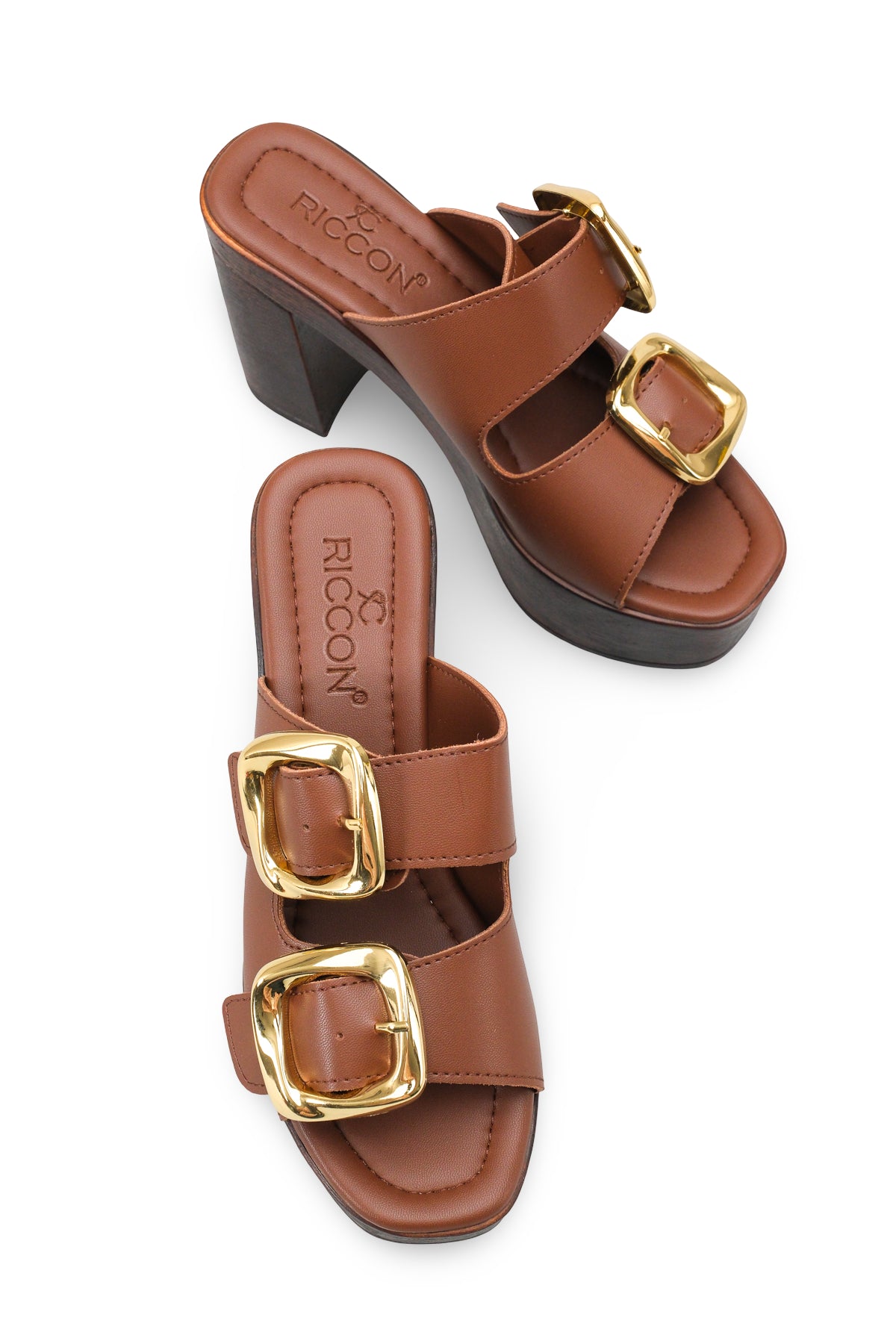 Riccon Mylsaria Kadın Çift Tokalı Topuklu Terlik 0012766 Kahverengi Cilt