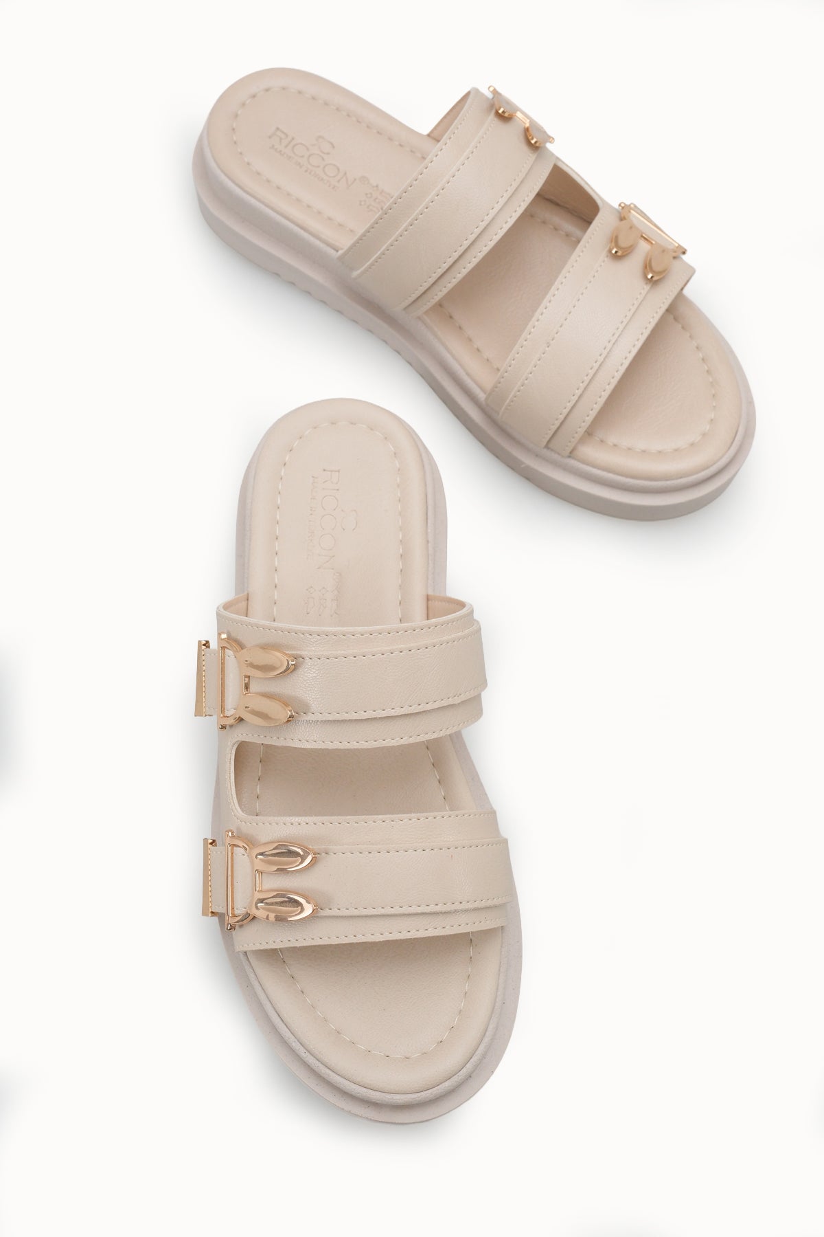 Riccon Kadın Çift Tokalı Terlik 00120415 Bej