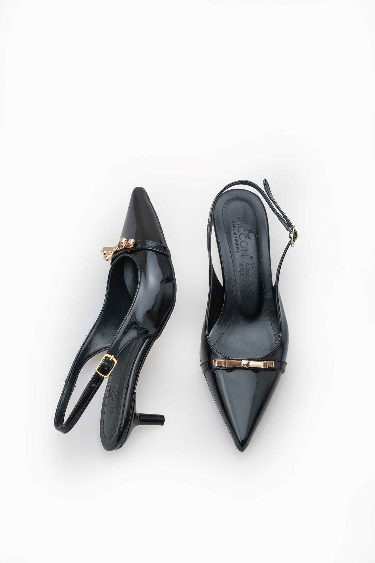 Riccon Kadın Sivri Burunlu Arkası Açık İnce Topuklu Ayakkabı 0012205 Siyah Rugan