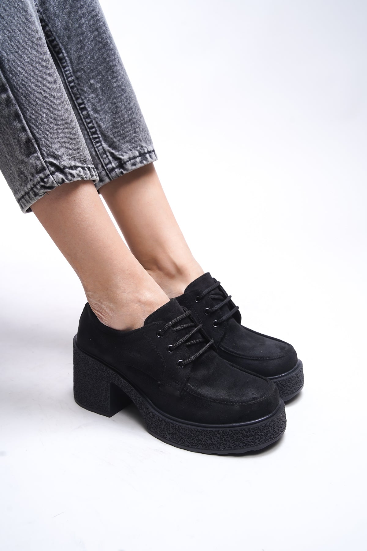 Riccon Qerekna Kadın Topuklu Bağcıklı Loafer 00121500 Siyah Süet