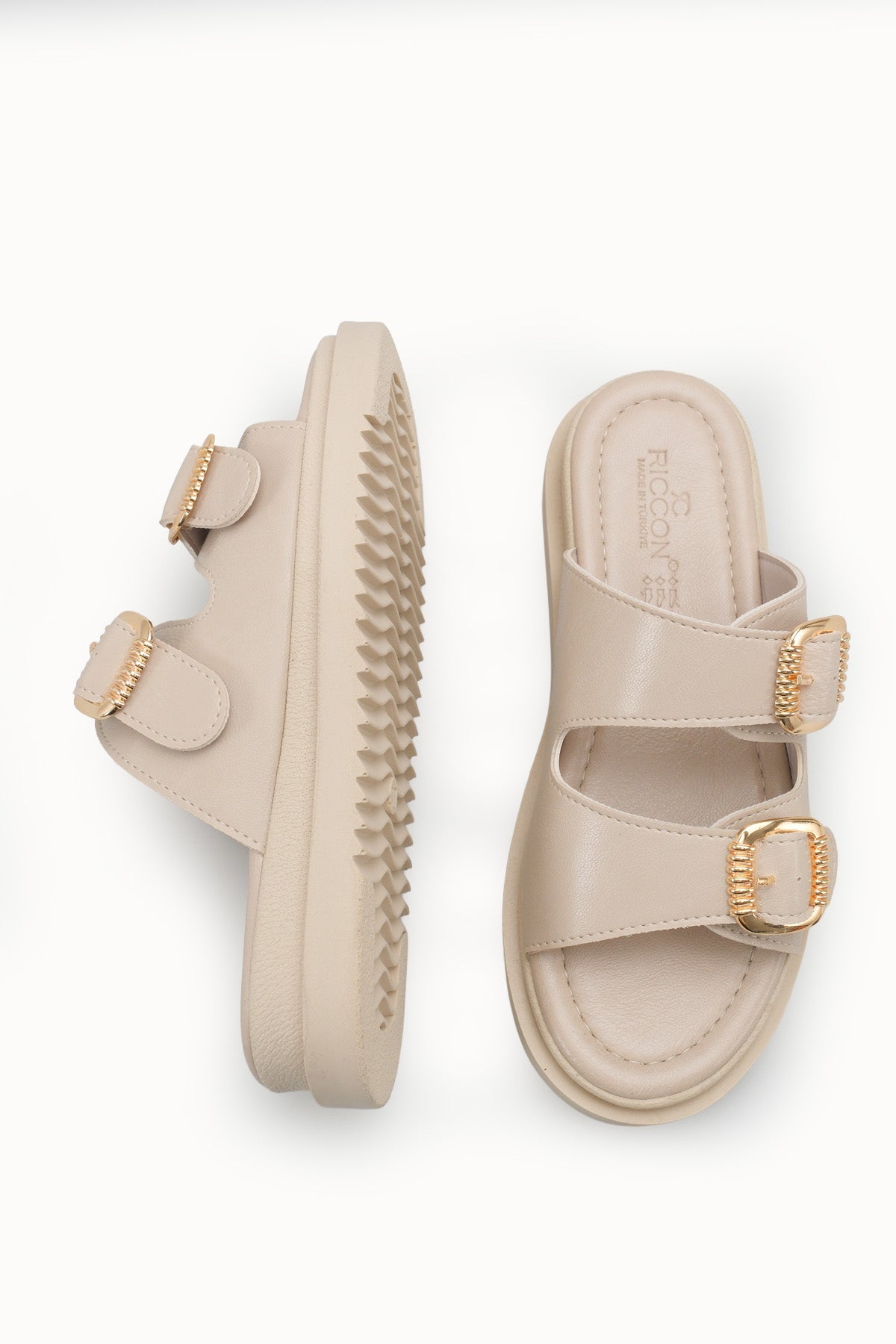 Riccon Kadın Çift Tokalı Terlik 00120403 Bej