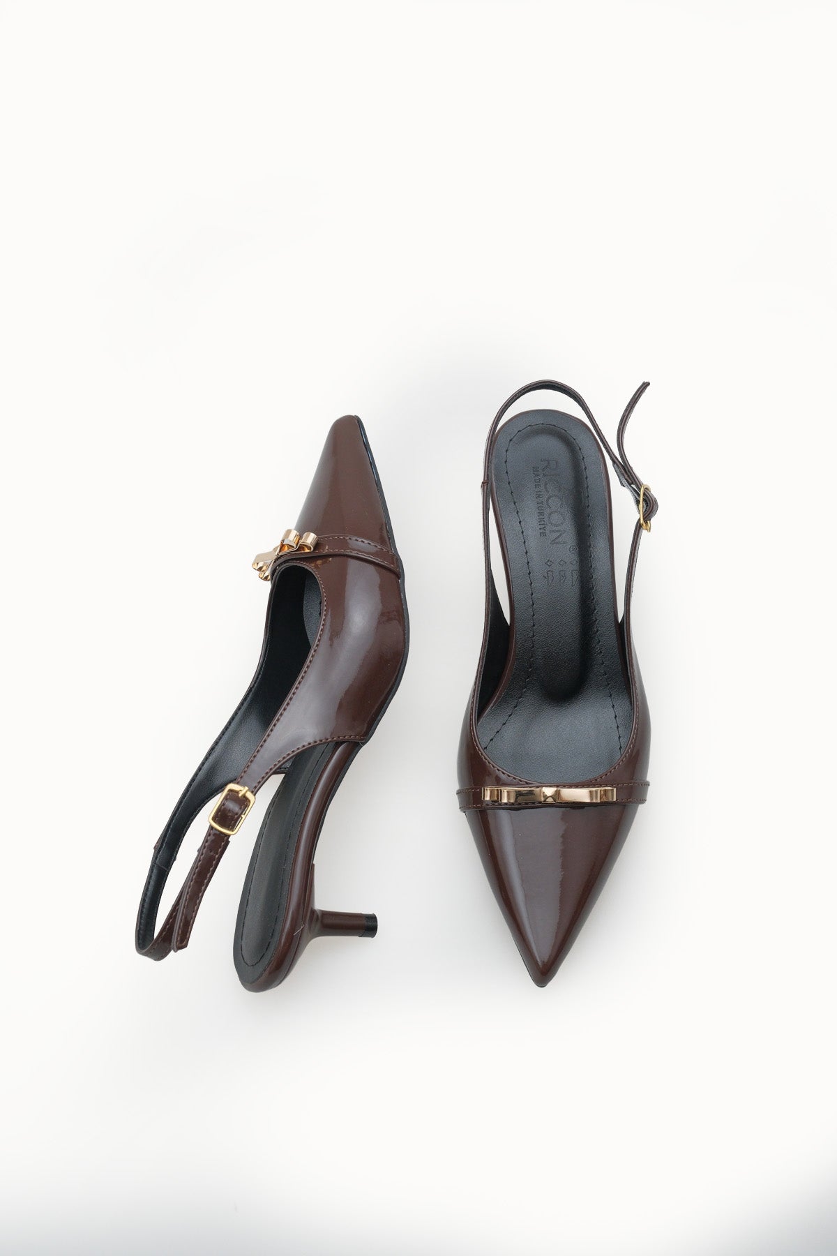 Riccon Kadın Sivri Burunlu Arkası Açık İnce Topuklu Ayakkabı 0012205 Kahverengi Rugan