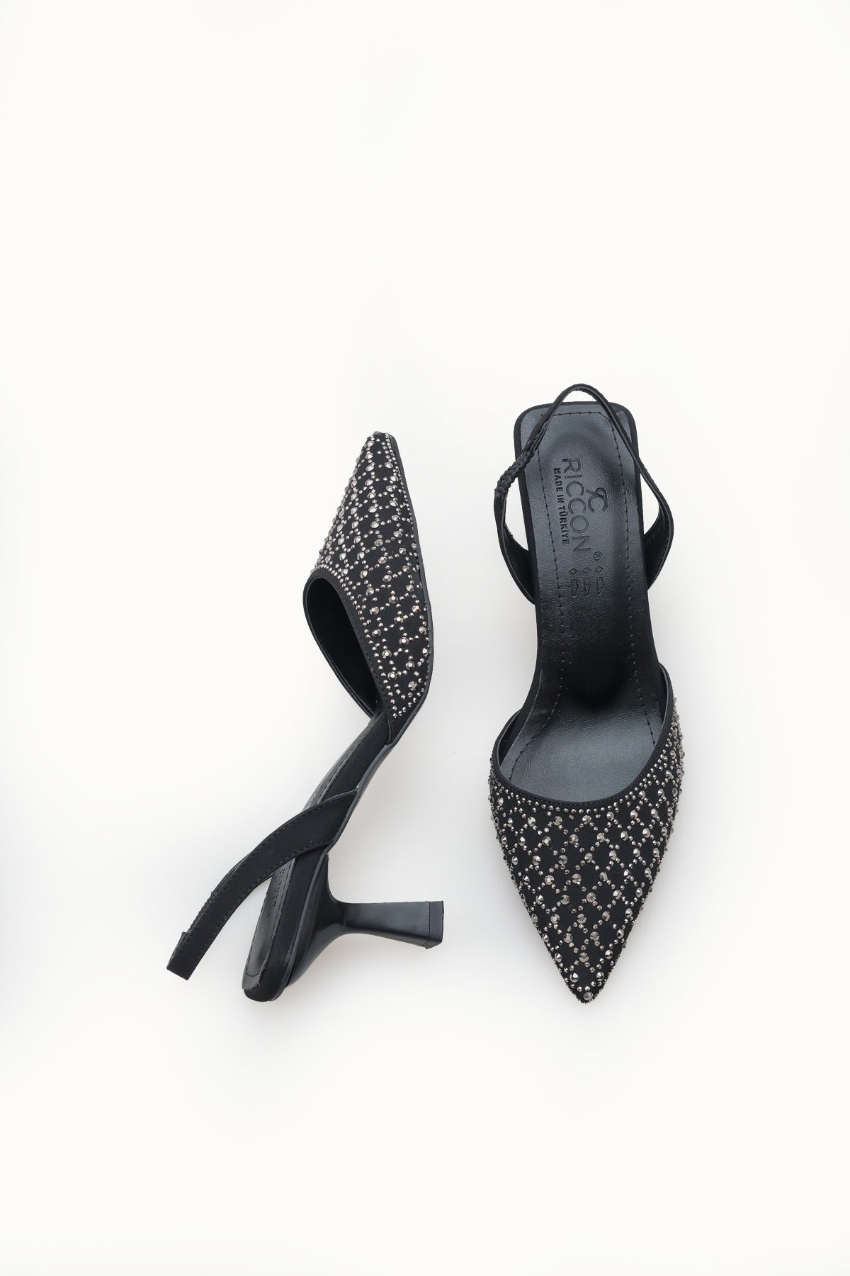 Riccon Kadın Sivri Burunlu Arkası Açık İnce Topuklu Ayakkabı 001207 Siyah Gümüş