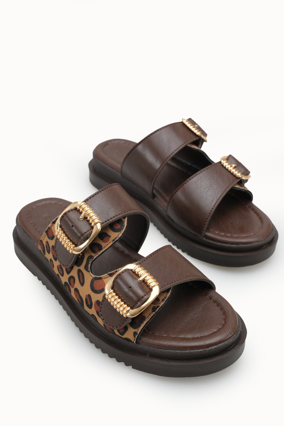 Riccon Kadın Çift Tokalı Terlik 00120403 Kahverengi Leopar