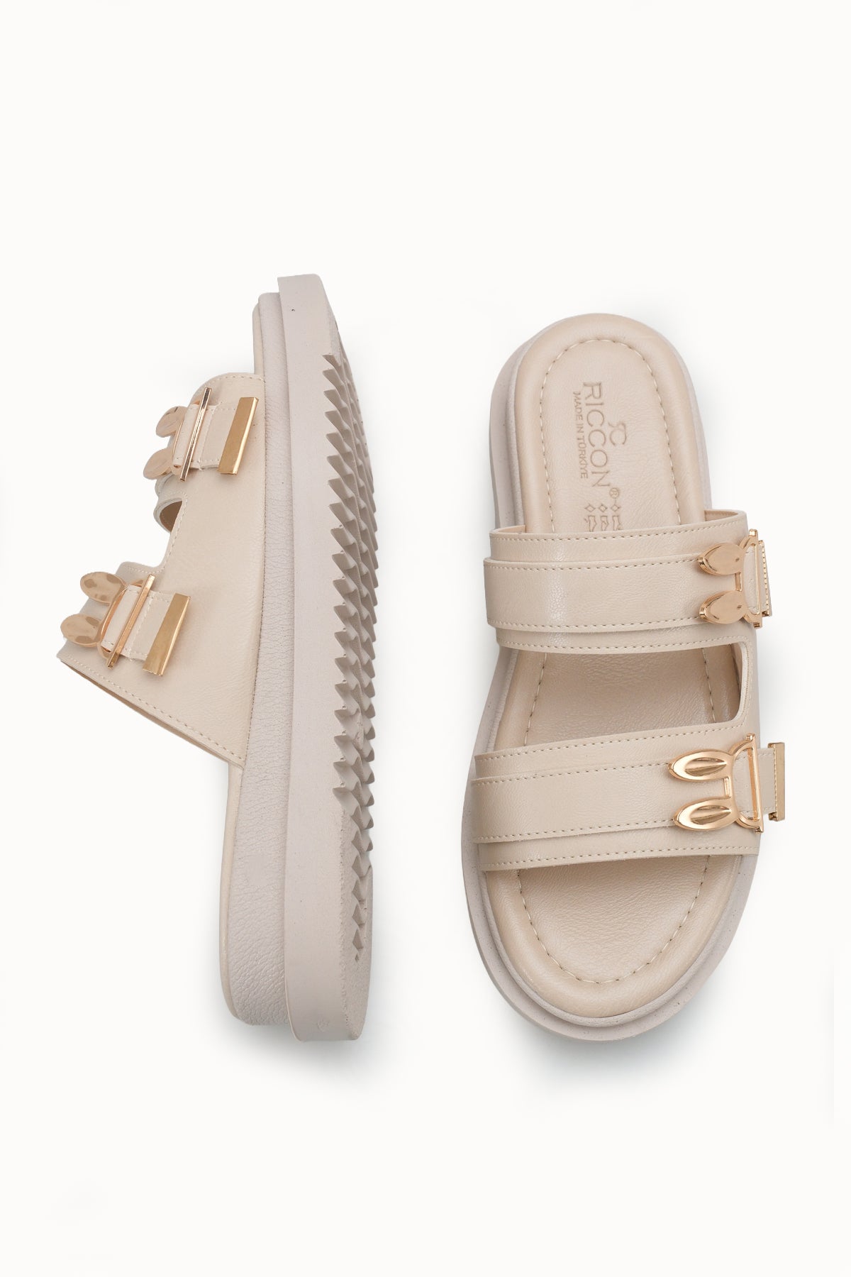 Riccon Kadın Çift Tokalı Terlik 00120415 Bej