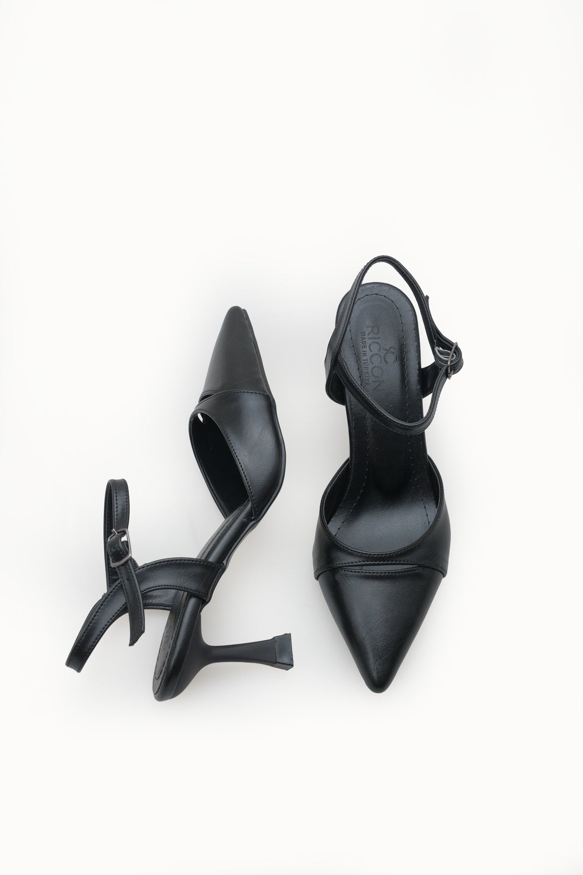 Riccon Kadın Sivri Burunlu Arkası Açık İnce Topuklu Ayakkabı 0012727 Siyah Cilt