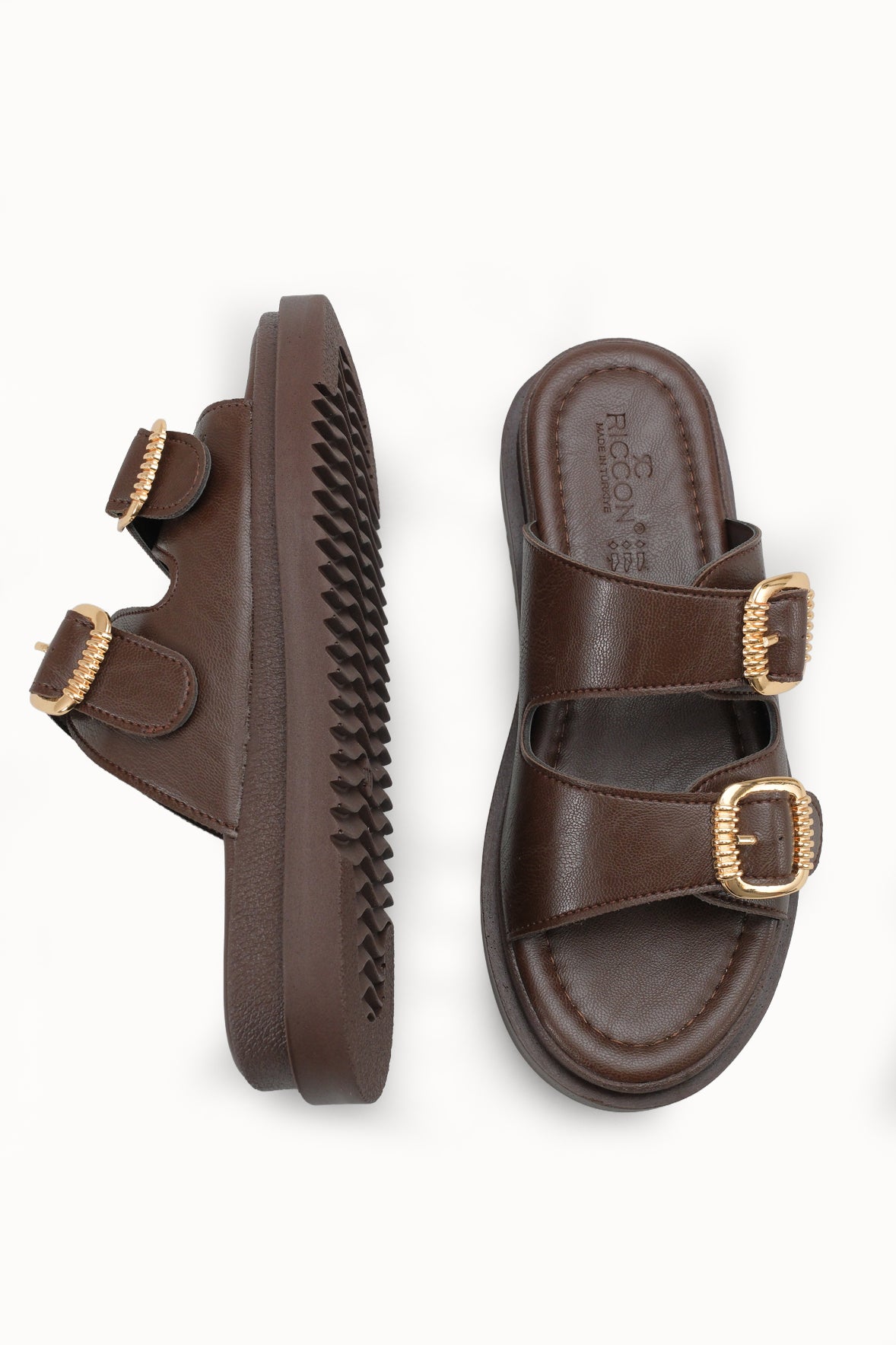 Riccon Kadın Çift Tokalı Terlik 00120403 Kahverengi