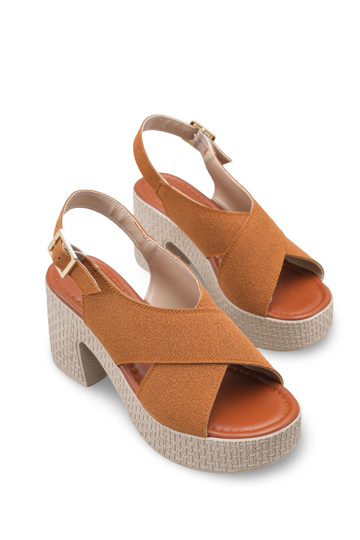 Riccon Kadın Topuklu Sandalet 0012707 Taba Deri Dokulu