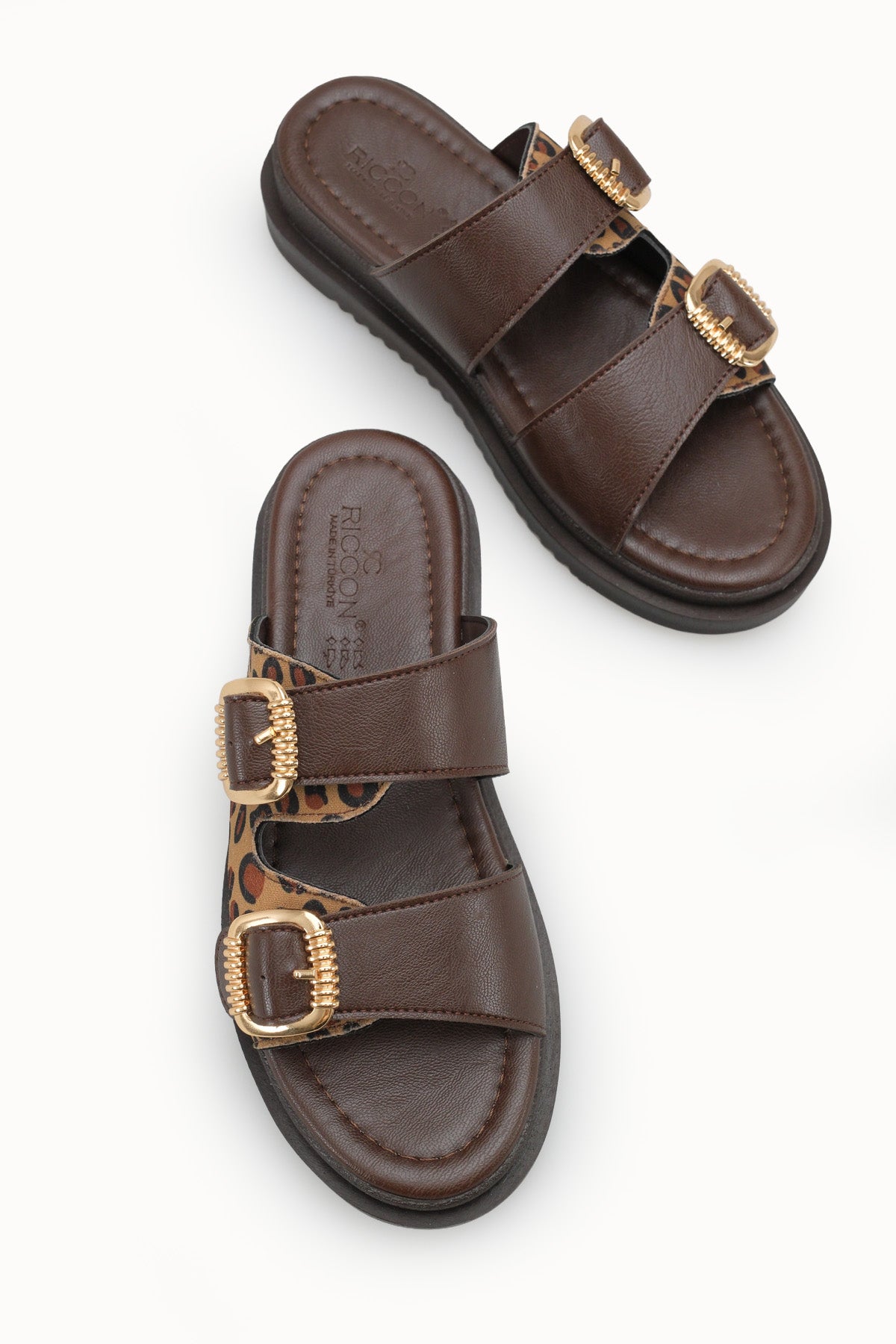 Riccon Kadın Çift Tokalı Terlik 00120403 Kahverengi Leopar