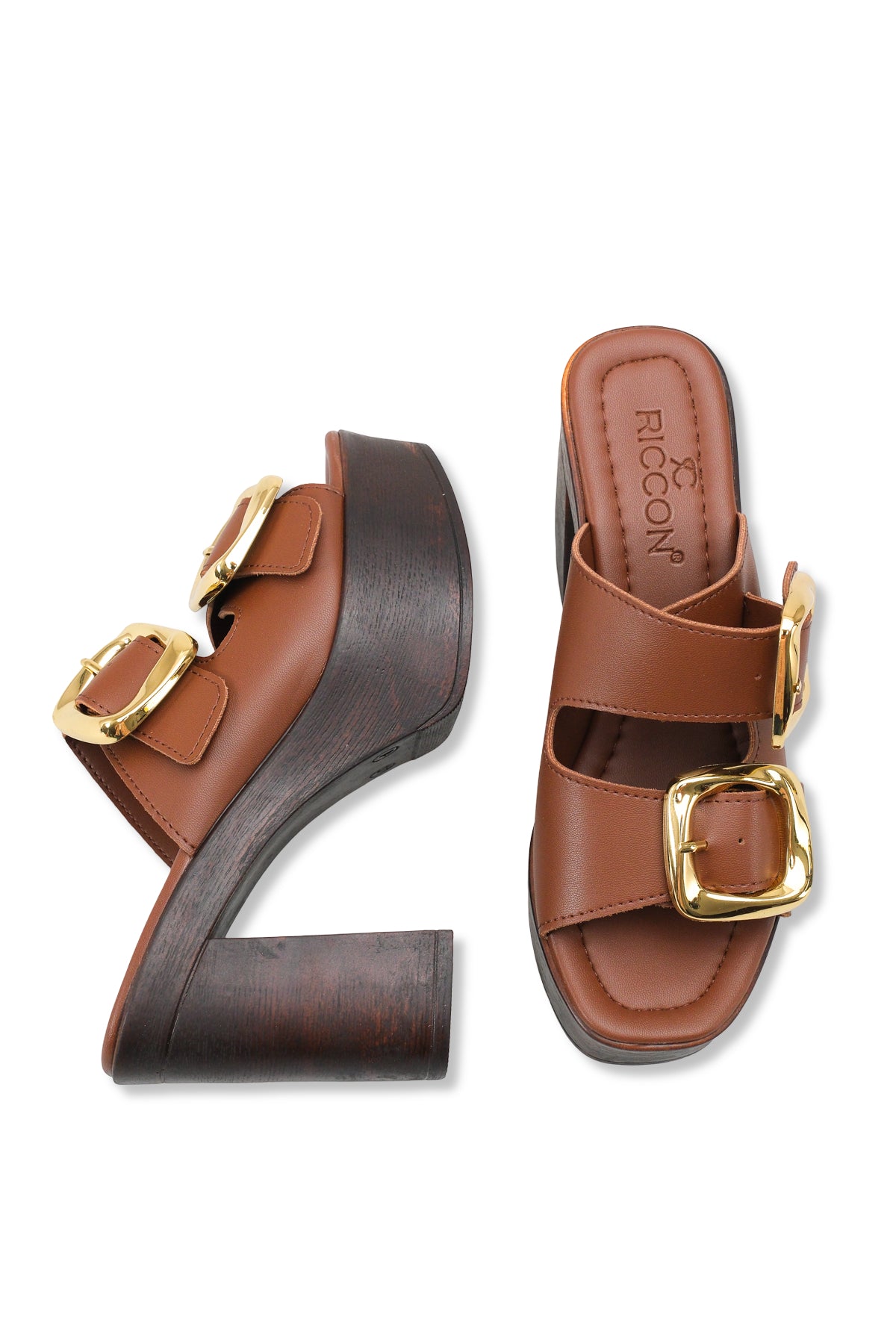 Riccon Mylsaria Kadın Çift Tokalı Topuklu Terlik 0012766 Kahverengi Cilt