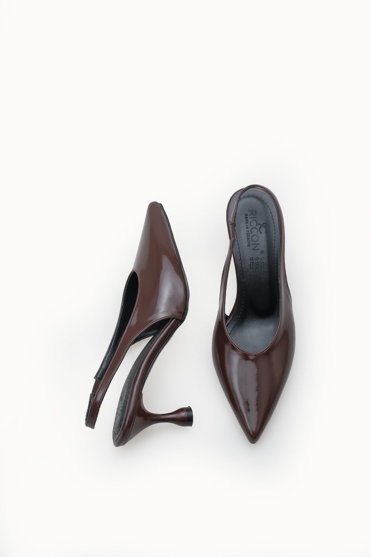 Riccon Kadın Sivri Burunlu Arkası Açık İnce Topuklu Ayakkabı 0012560 Kahverengi Rugan