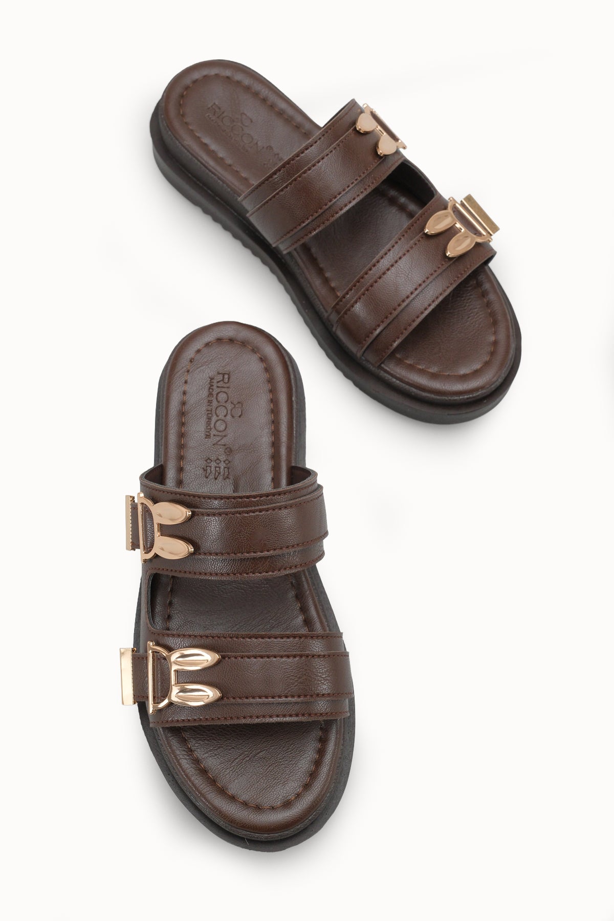 Riccon Kadın Çift Tokalı Terlik 00120415 Kahverengi