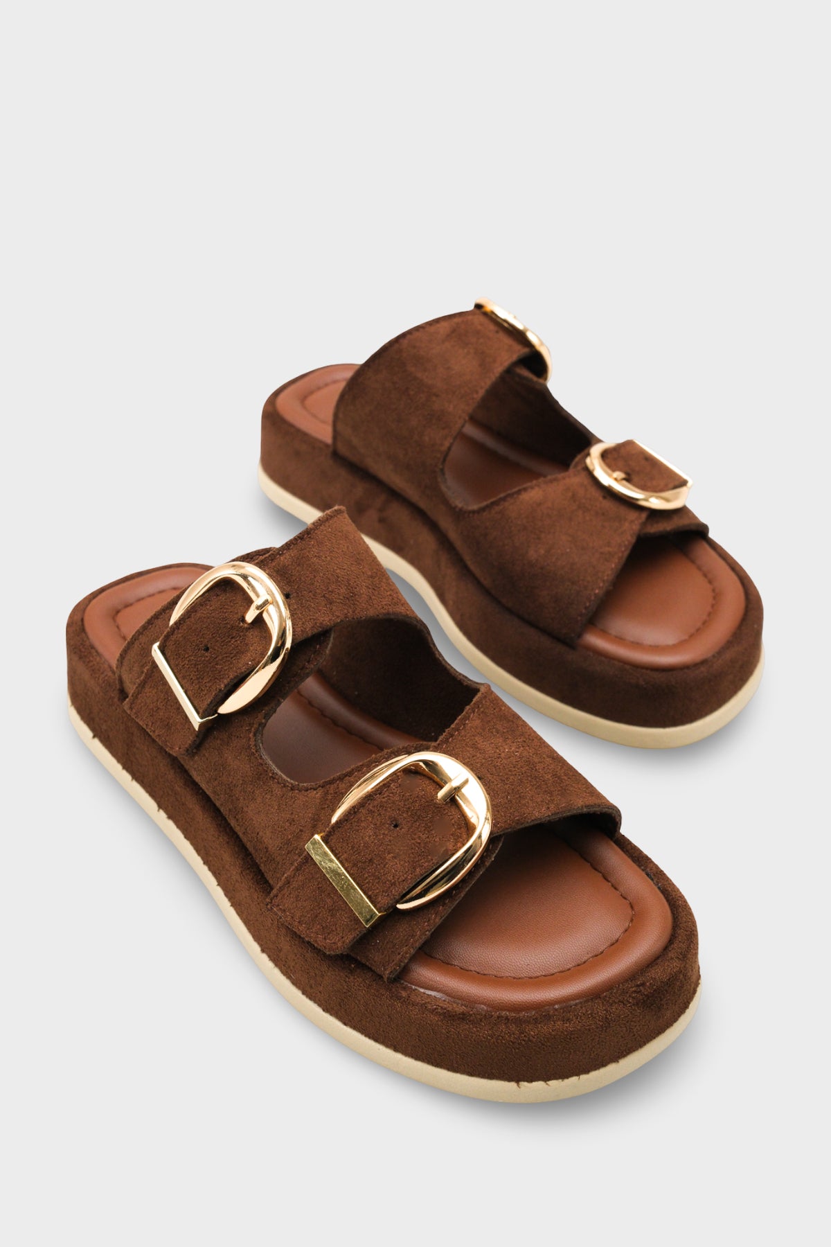 Riccon Kadın Çift Tokalı Terlik 0012683 Kahverengi Süet