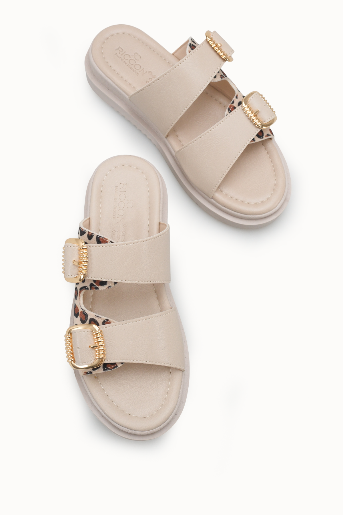 Riccon Kadın Çift Tokalı Terlik 00120403 Bej Leopar