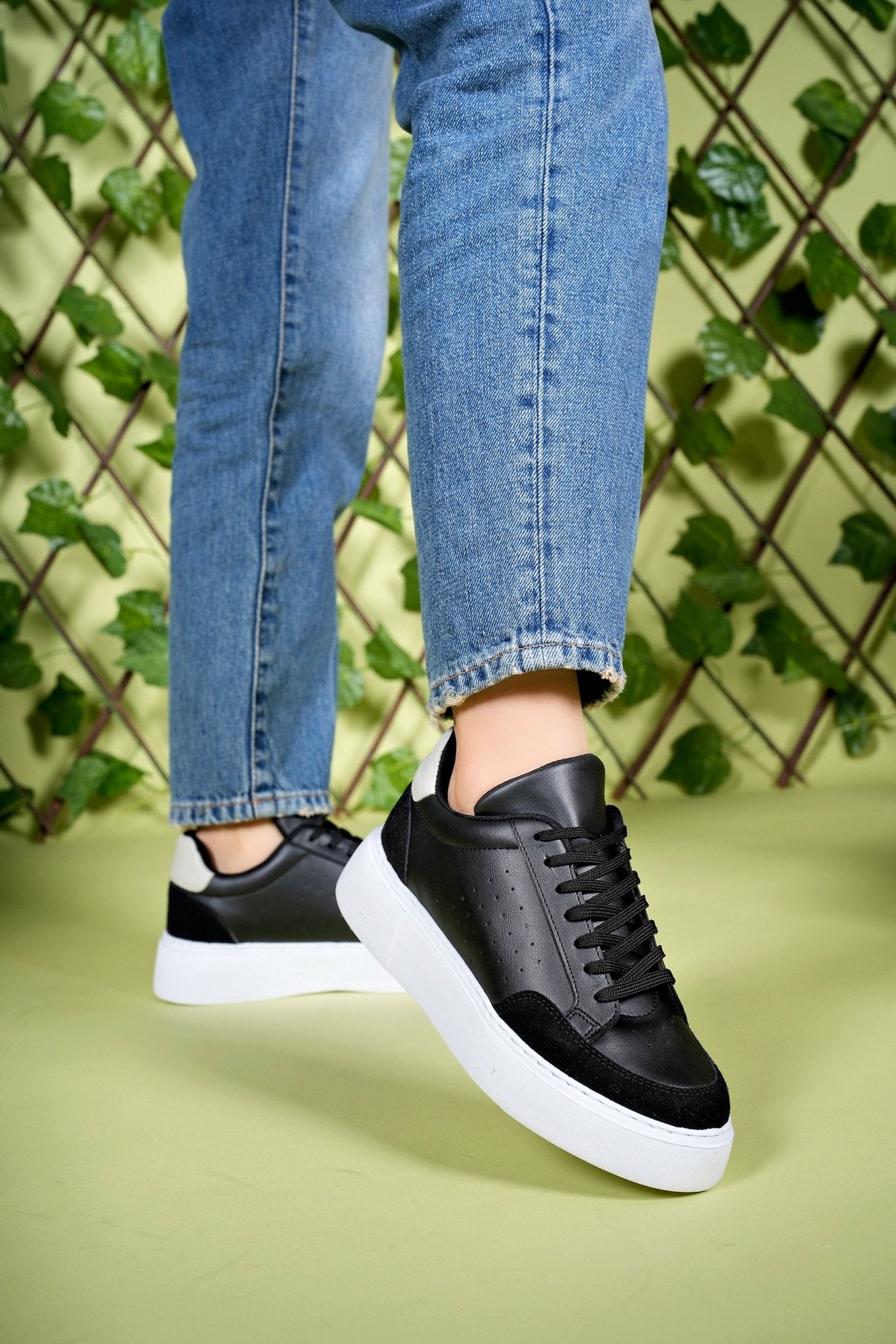 Riccon Kadın Sneaker 0012380 Siyah Beyaz Bej Süet Detay - Riccon