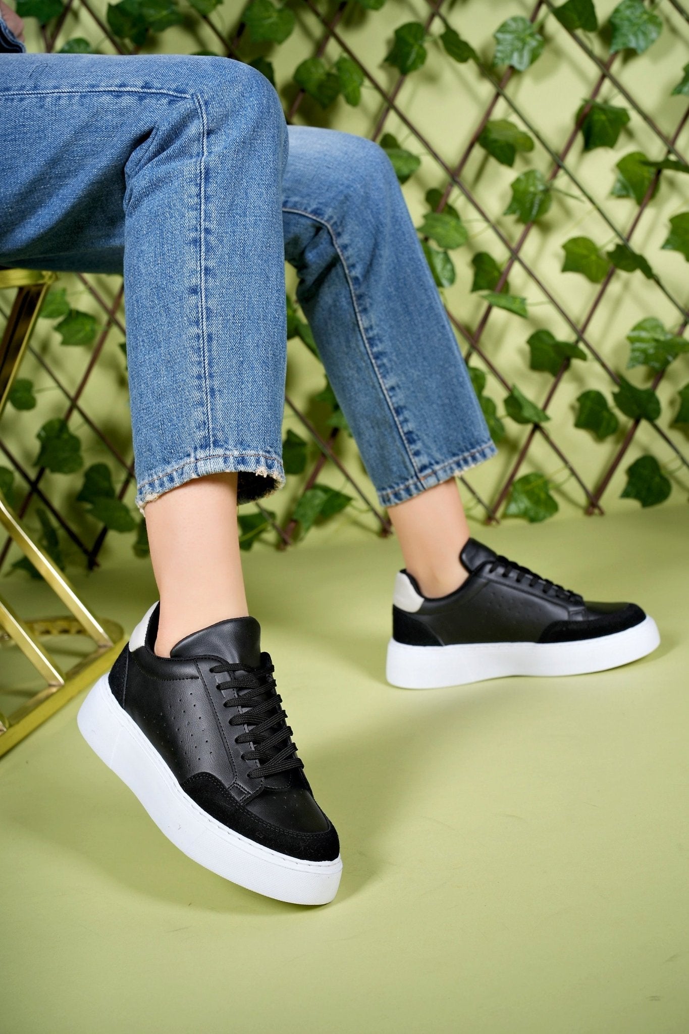 Riccon Kadın Sneaker 0012380 Siyah Beyaz Bej Süet Detay - Riccon