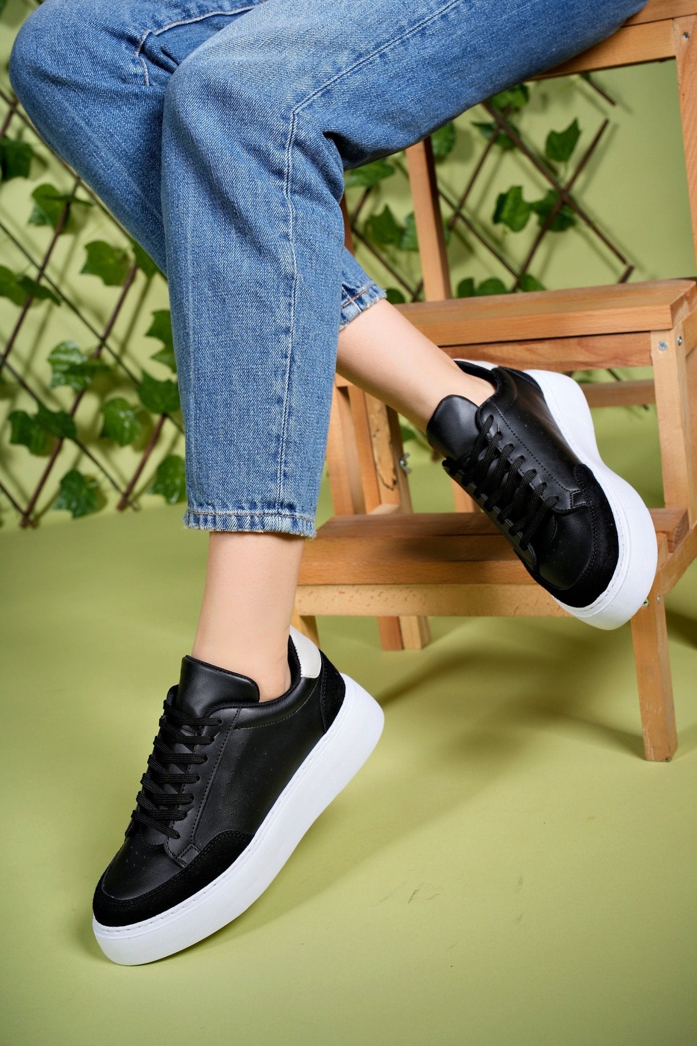Riccon Kadın Sneaker 0012380 Siyah Beyaz Bej Süet Detay - Riccon