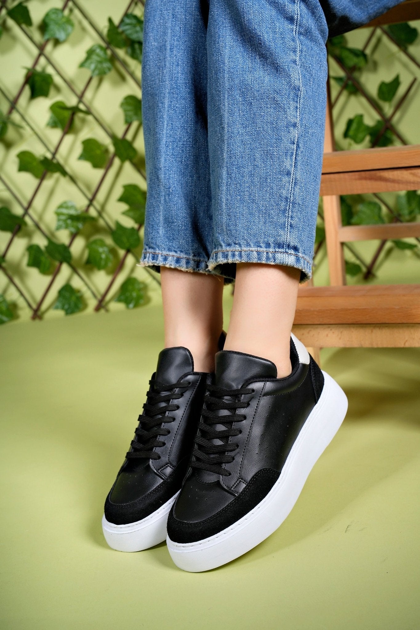 Riccon Kadın Sneaker 0012380 Siyah Beyaz Bej Süet Detay - Riccon