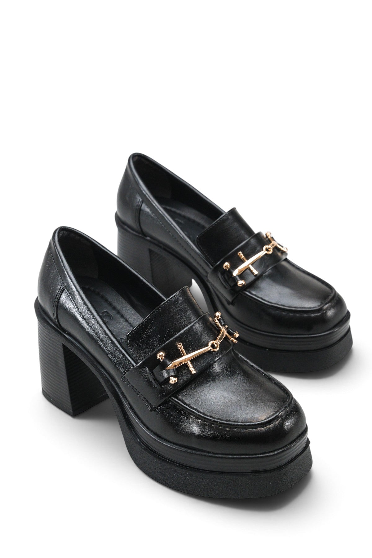 Riccon Leda Amara Kadın Topuklu Loafer 0012591 Siyah Rustik
