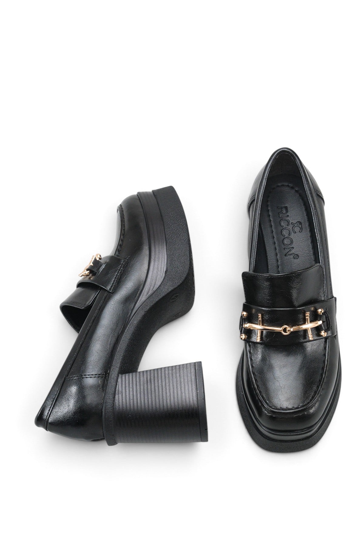 Riccon Leda Amara Kadın Topuklu Loafer 0012591 Siyah Rustik